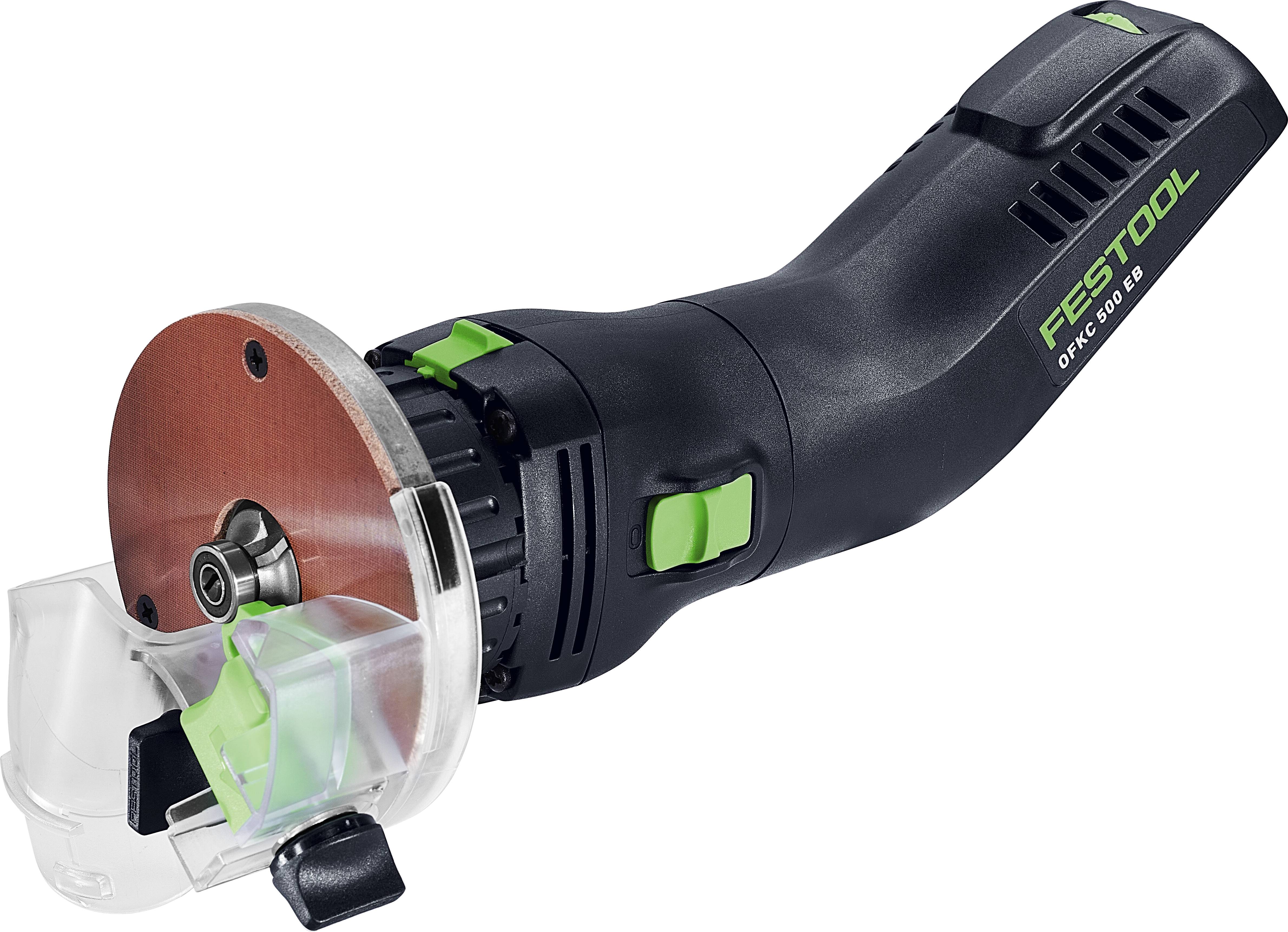 Ein kompaktes, tragbares Elektrowerkzeug mit sichtbarer Schneideklinge und transparenter Schutzvorrichtung, konzipiert für präzise Schneidaufgaben.