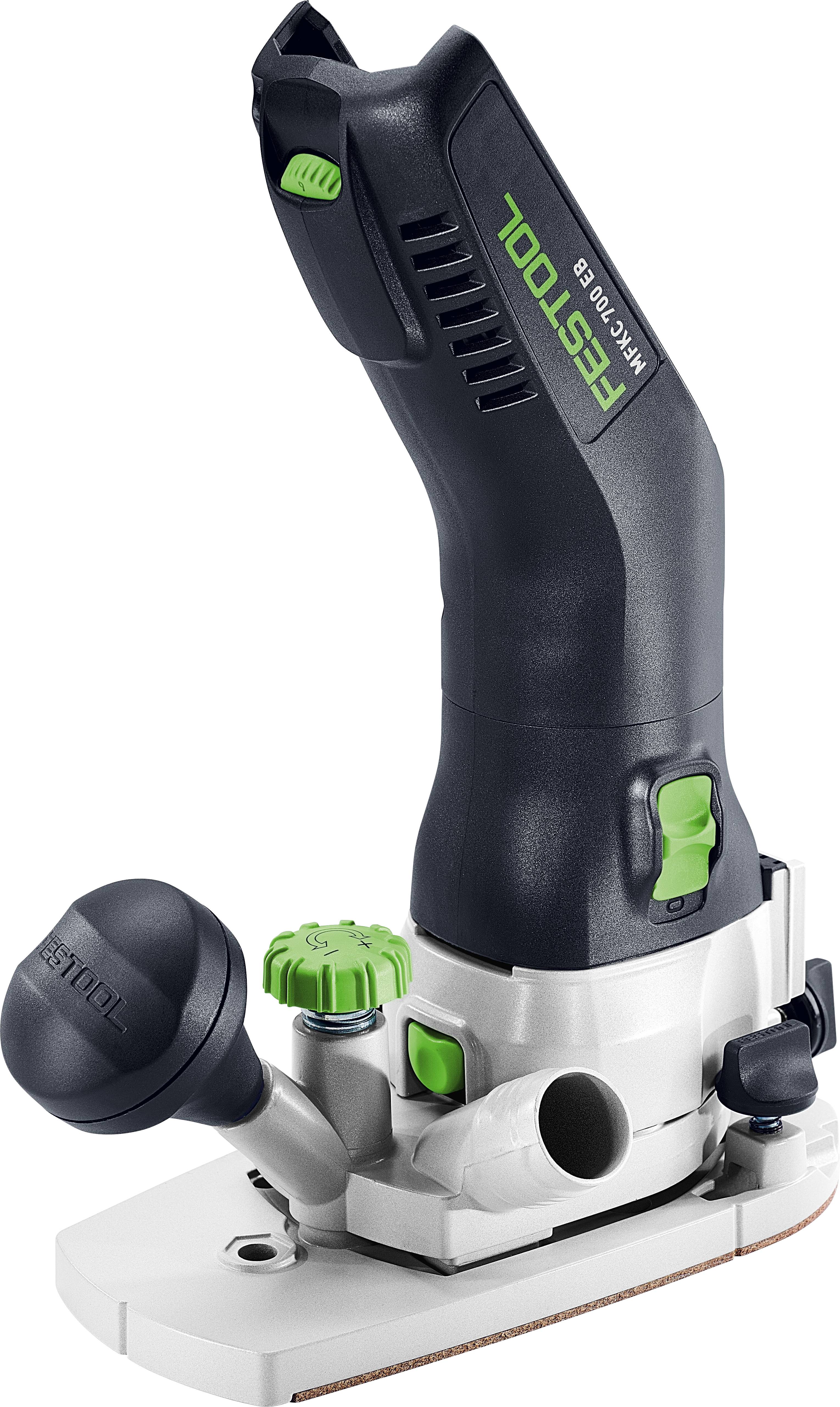 Ein kompakter, tragbarer Elektrofräser mit ergonomischem Design, ausgestattet mit einem grünen Einstellknopf und gekennzeichnet als 'FESTOOL MFK 700 EQ'.