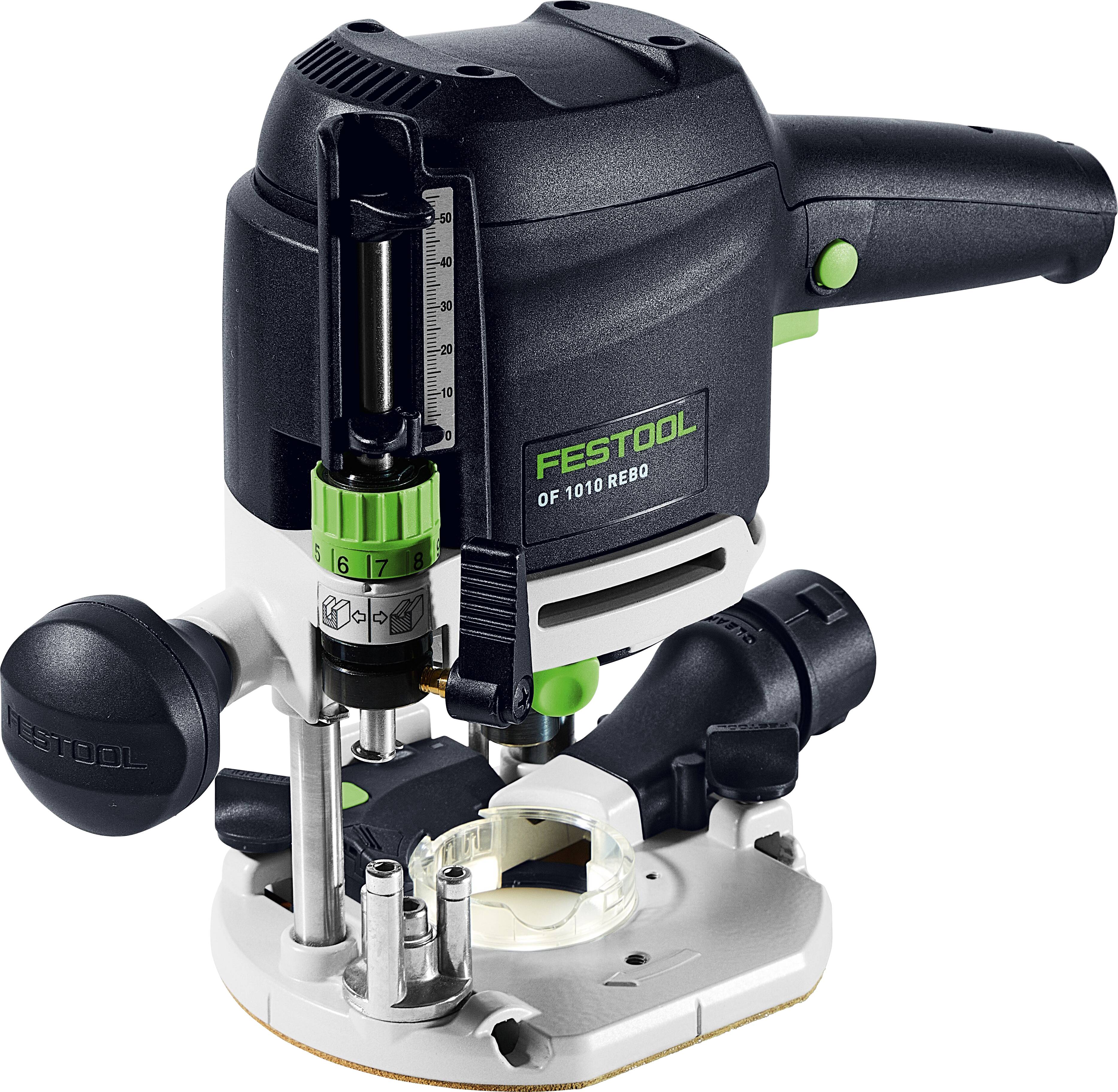 Ein Festool OF 1010 REBQ Oberfräser mit ergonomischen Griffen, Präzisionseinstellungen und einer transparenten Basis für Holzbearbeitung und präzise Fräsarbeiten.