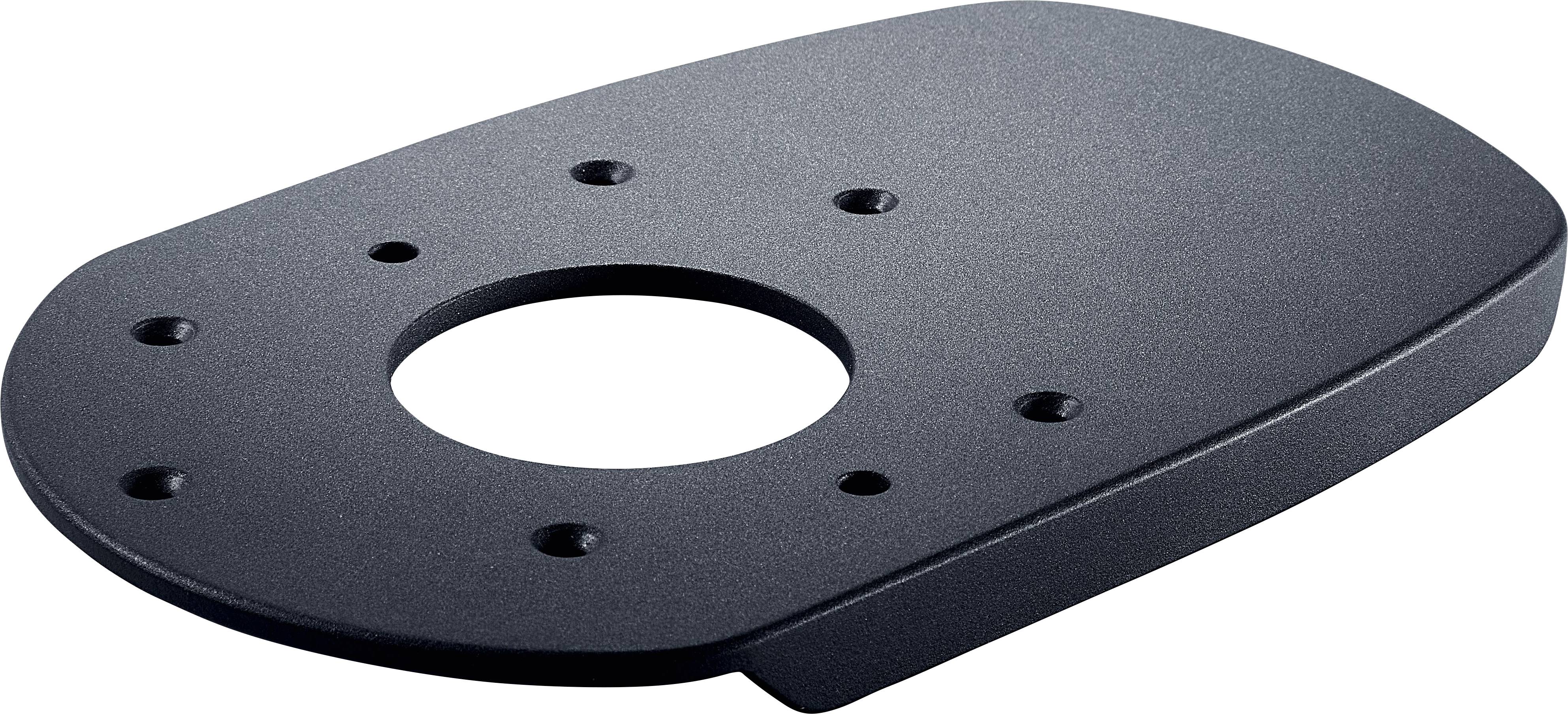 Eine schwarze, oval geformte Metallplatte mit einem großen zentralen Loch und sechs kleineren umgebenden Löchern, wahrscheinlich eine Montageklammer oder ein Adapter.