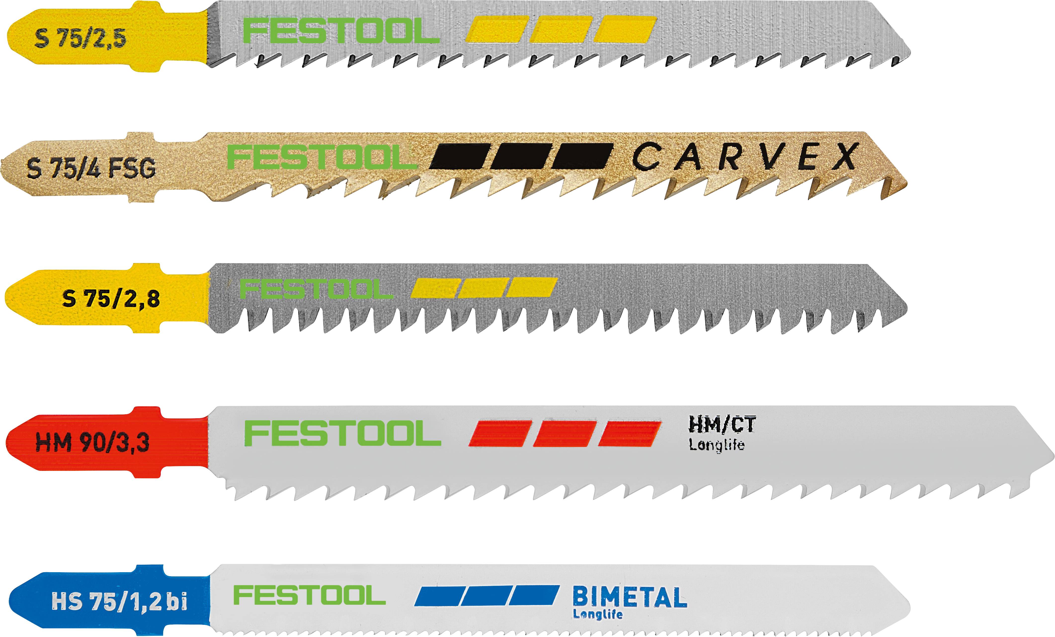 Fünf Festool-Sägeblätter mit verschiedenen Zahnmustern und Beschriftungen: CARVEX, FSG, HM/CT Longlife und BIMETAL Longlife.