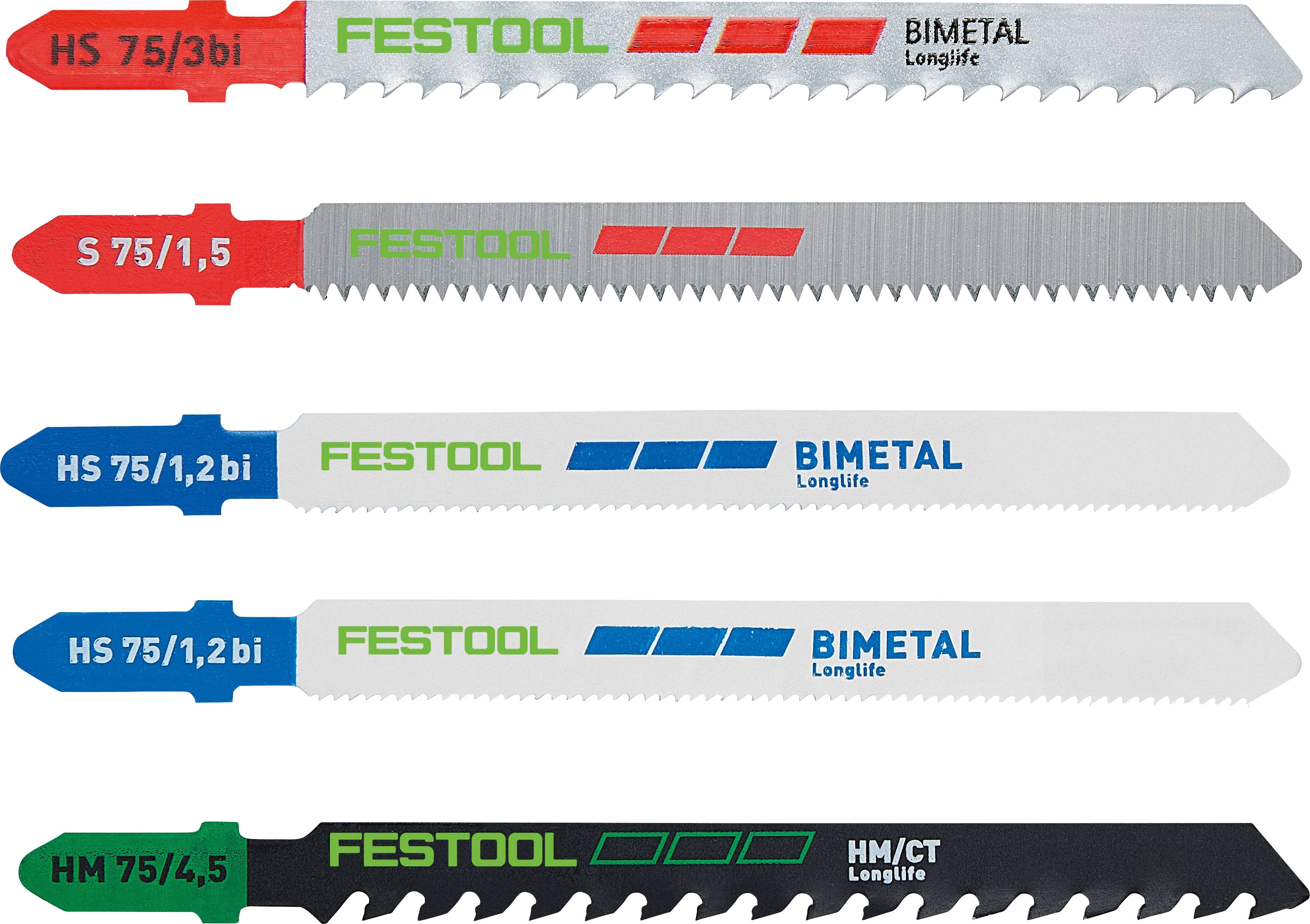 Sägeblätter verschiedener Spezifikationen und Materialien von Festool, in einer vertikalen Reihe angeordnet, jedes mit spezifischen Modelldetails gekennzeichnet.