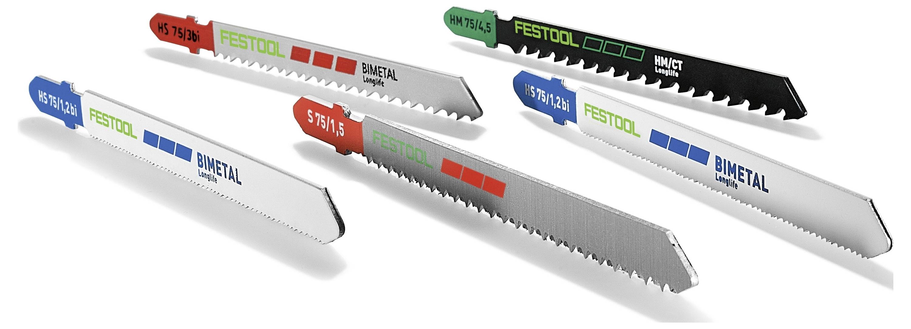 Five jigsaw blades displayed with different colored tops labeled 'Festool' and 'Bimetal', indicating variety in models or specifications.