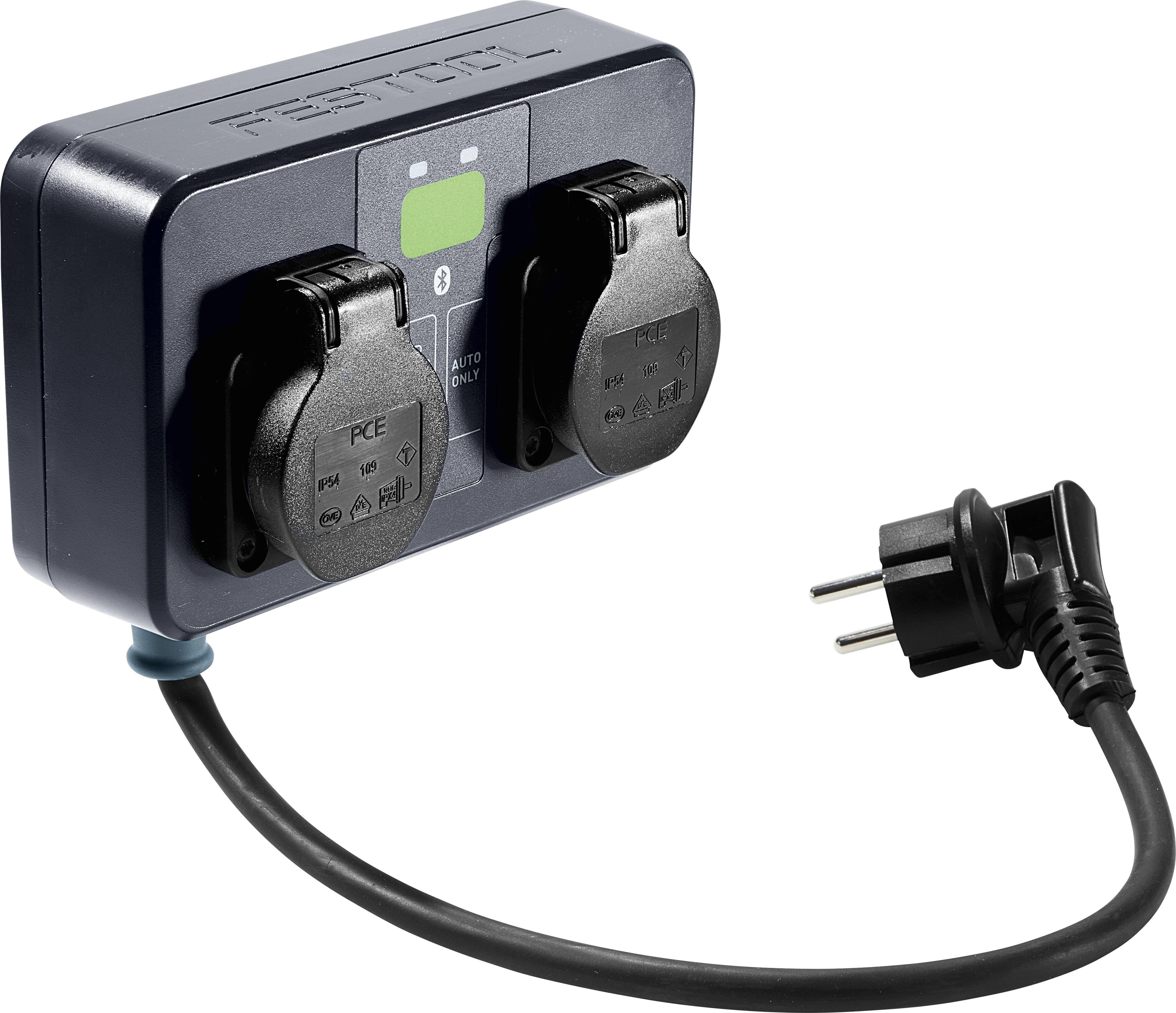 „Eine dunkelblau Doppelsteckdose mit europäischem Stecker, mit zwei Schutzvorrichtungen und einer Kontrollleuchte in der Mitte.