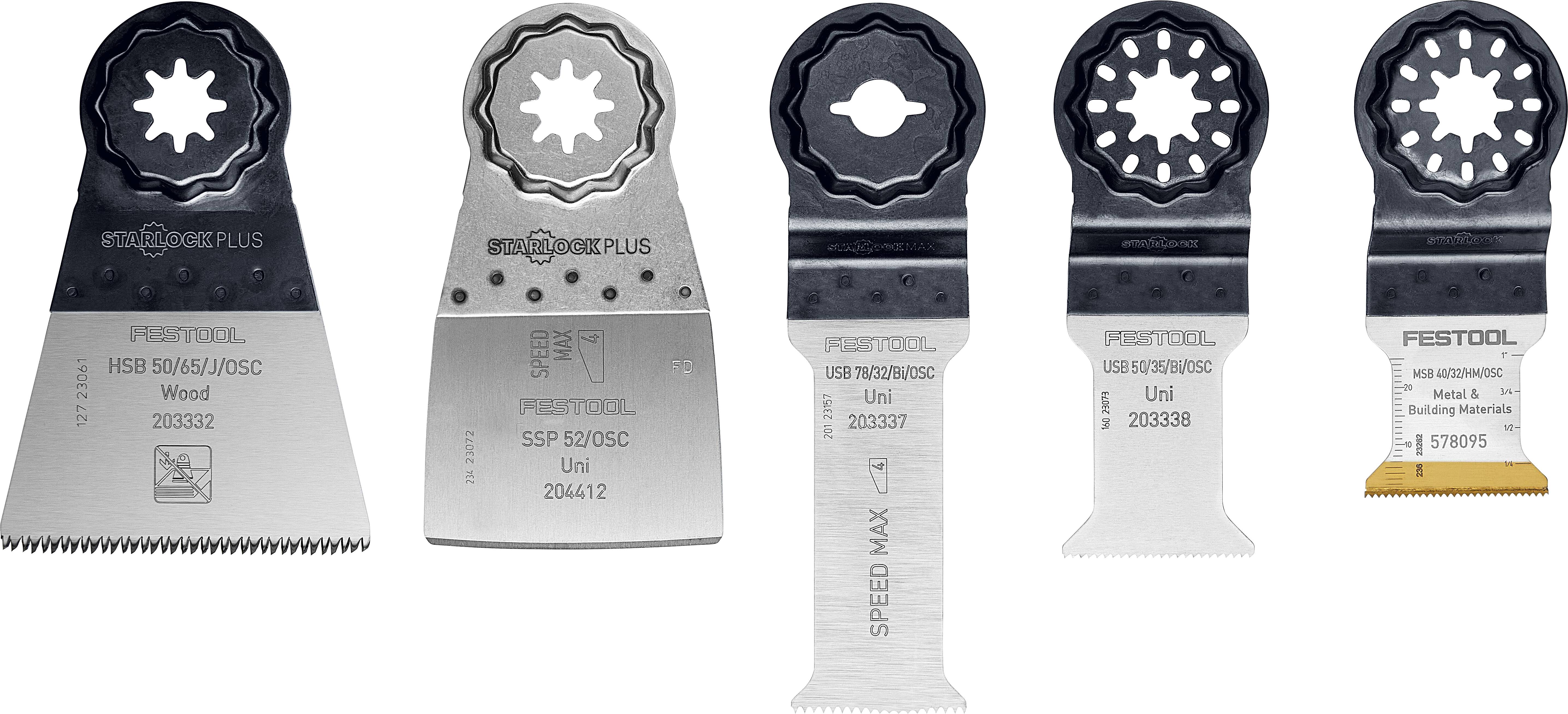 Oszillierendes Werkzeugsägeblatt-Set; fünf verschiedene Größen und Typen gekennzeichnet für Holz- und Universalverwendung, mit sichtbaren Markenlogos.