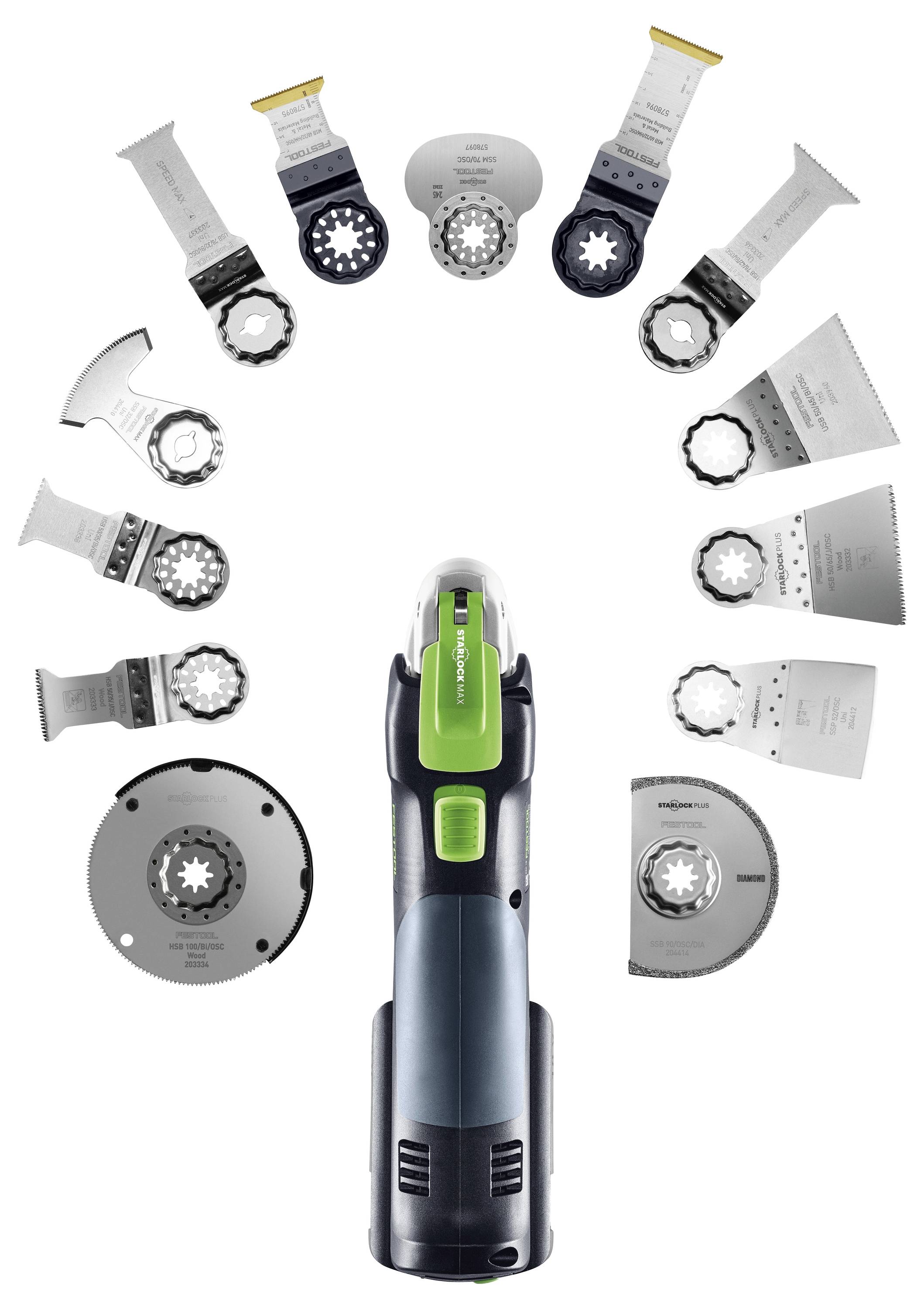 Ein schnurloses Oszillations-Multitool umgeben von verschiedenen Aufsatzkllingen, das vielfältige Schneid- und Schleiffähigkeiten zeigt.