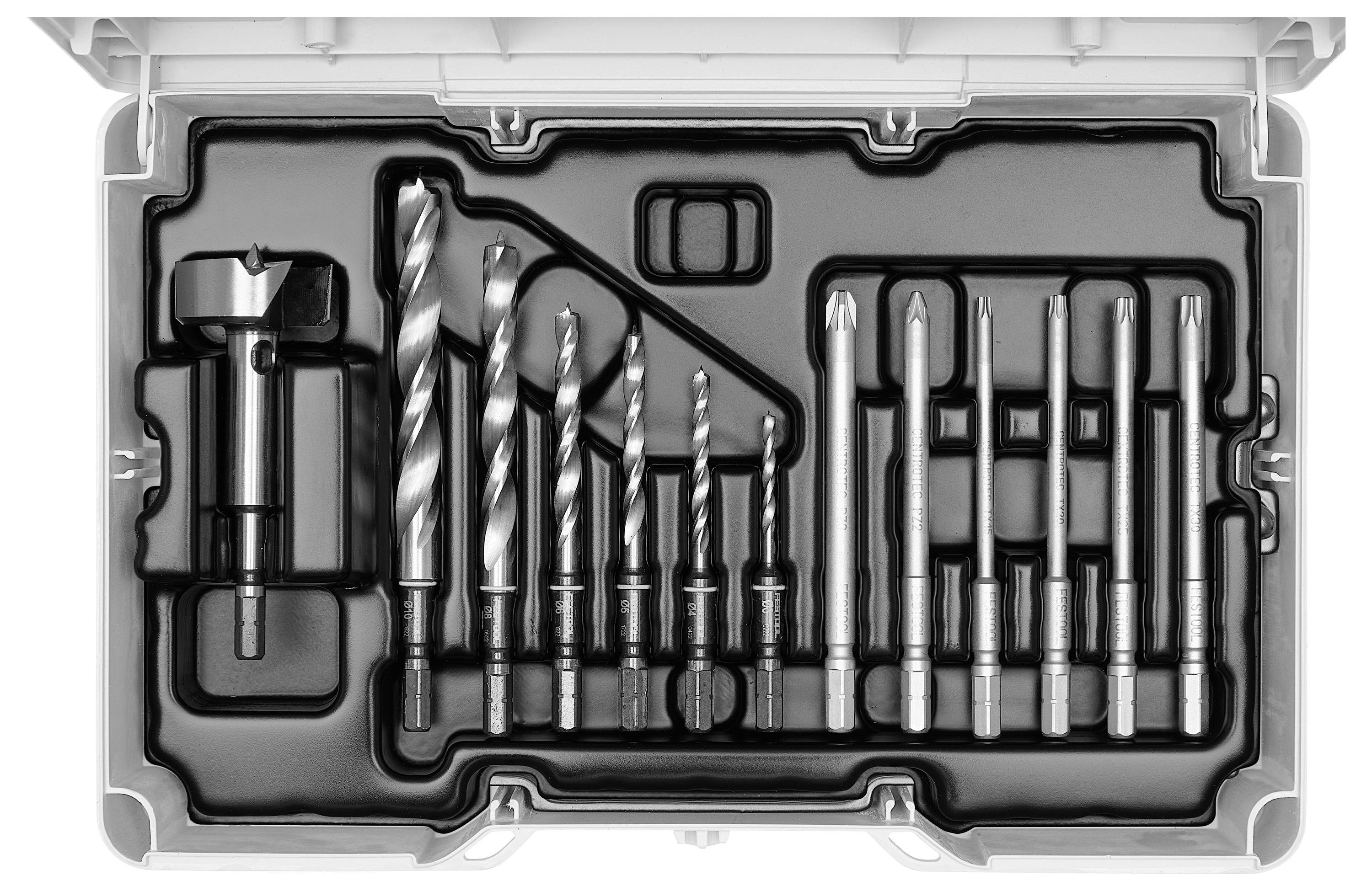 Ein Bohrersatz in einem Kunststoffkoffer, mit verschiedenen Größen und Typen von Bohrern, die in vorgesehenen Fächern angeordnet sind.