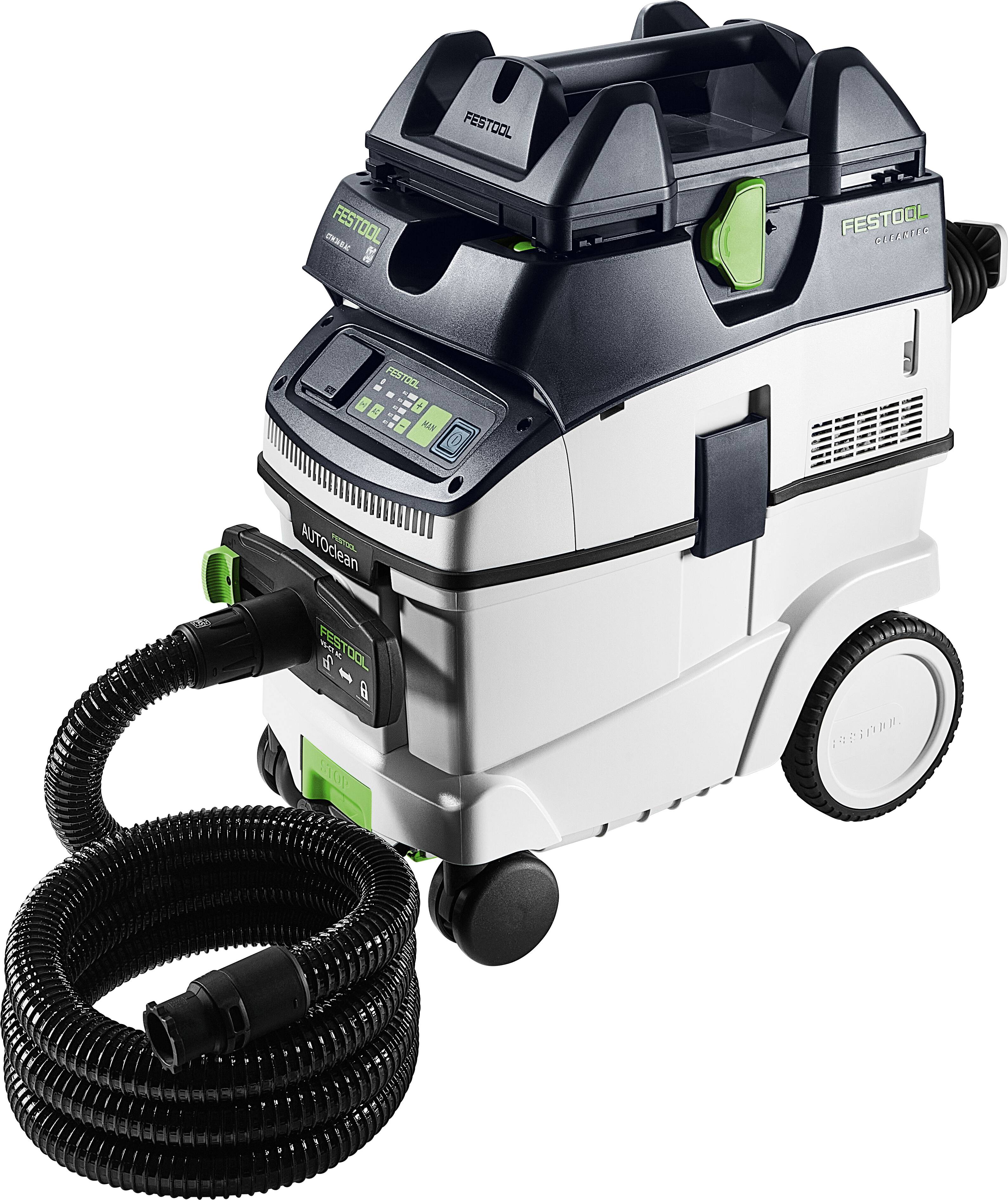 Festool CT26E HEPA Staubabsauganlage mit Rollen, angeschlossenem Schlauch und digitaler Anzeige. Entwickelt für effiziente Staubabsaugung.