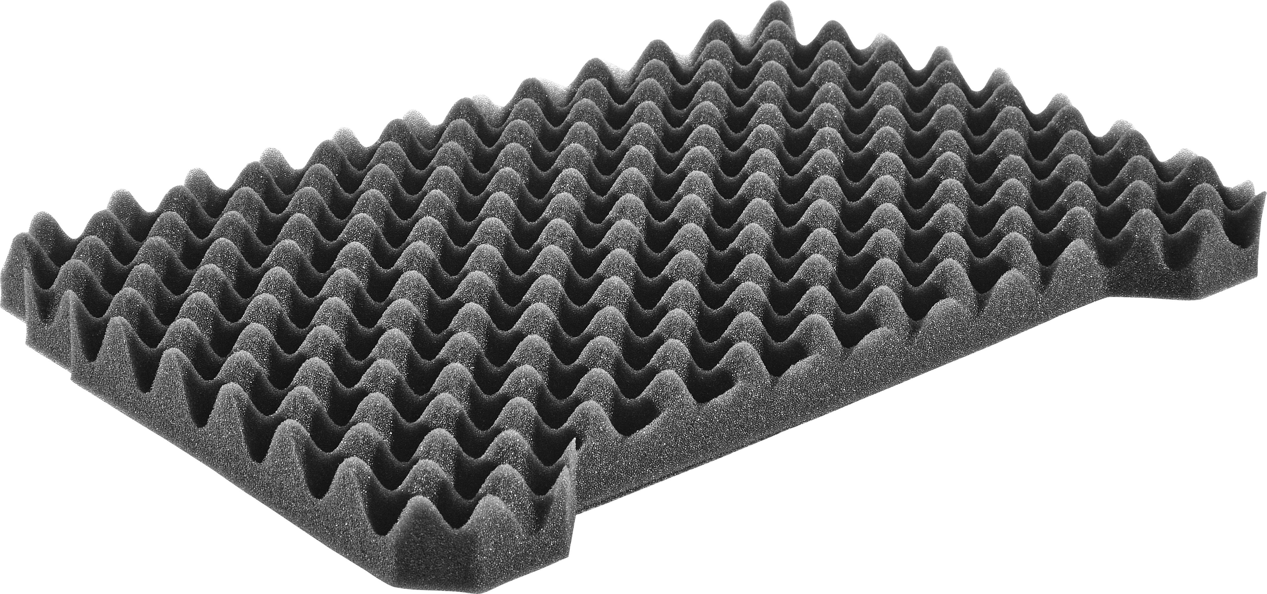 Ein Stück dunkelgrauer akustischer Schaum mit einer welligen, eierkisten-ähnlichen Textur, das zur Schallabsorption in einem Studio oder einer Aufnahmeumgebung konzipiert ist.