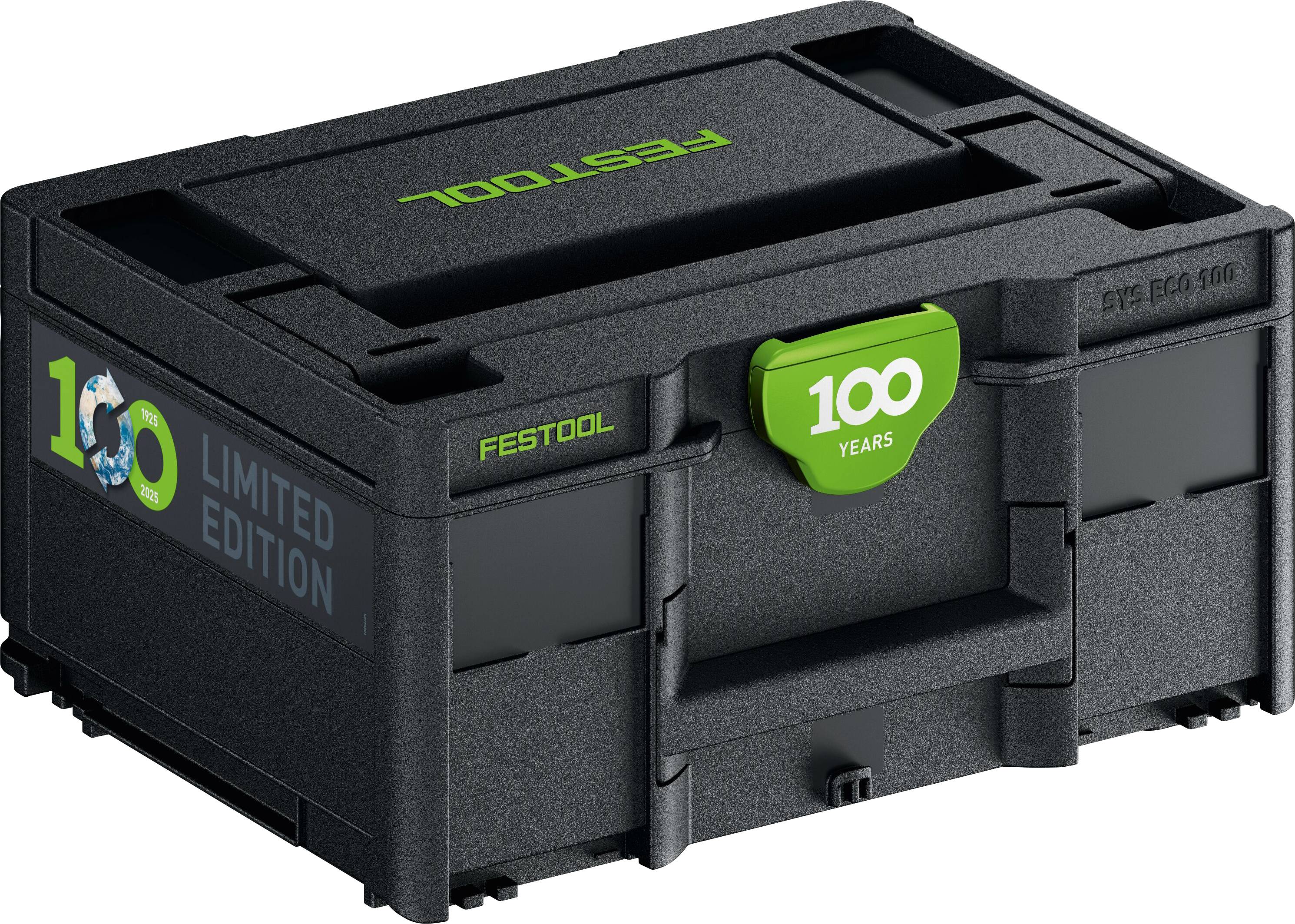 Festool Limitierte Auflage Lagerbox zum '100-Jahr'-Jubiläum mit speziellem Design und Logo auf einem schwarzen Behälter.