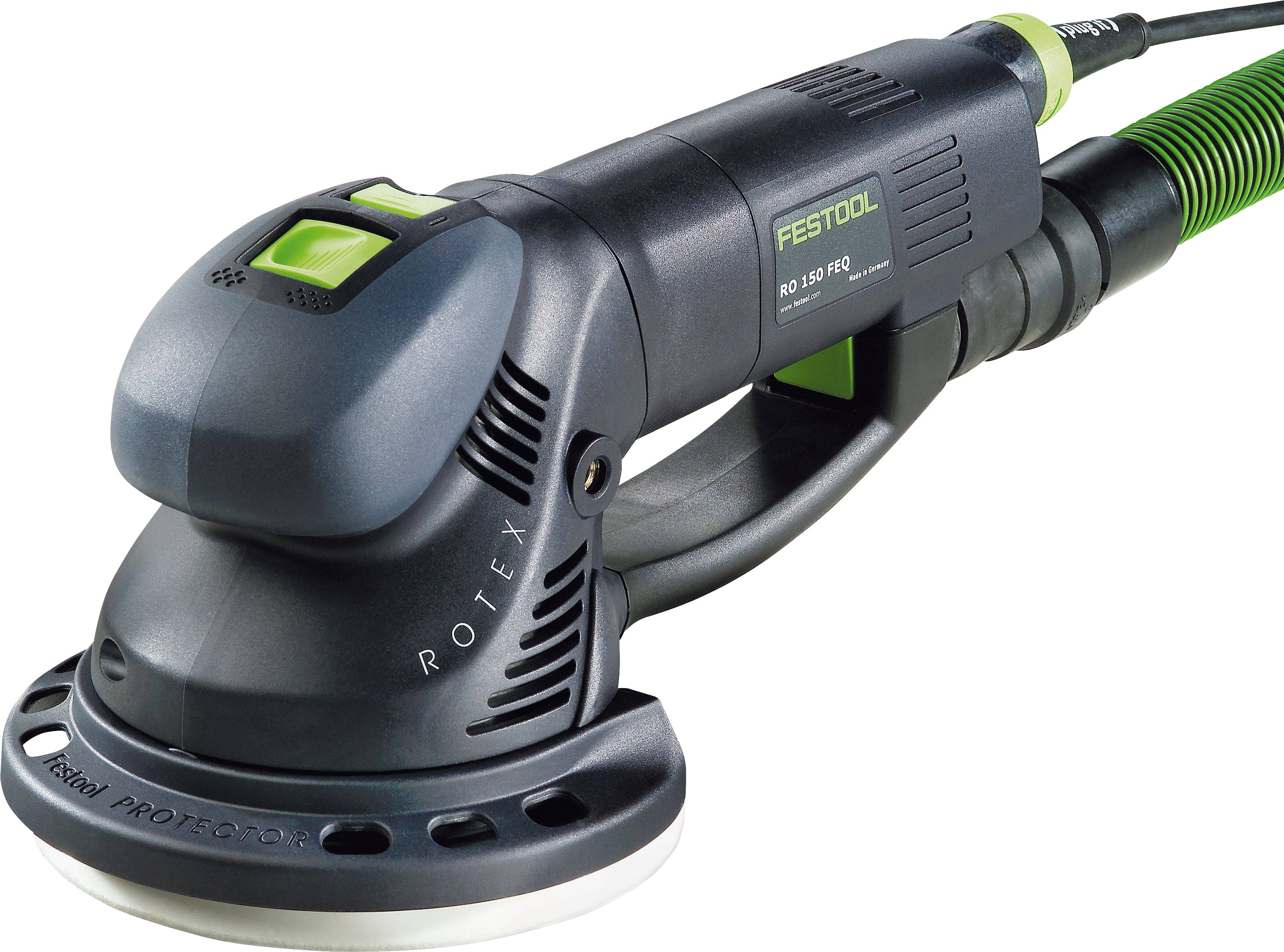 Ein tragbarer Festool ROTEX RO 150 FEQ Schleifer mit grauem und schwarzem Gehäuse, einem grünen Schalter und „RO150
