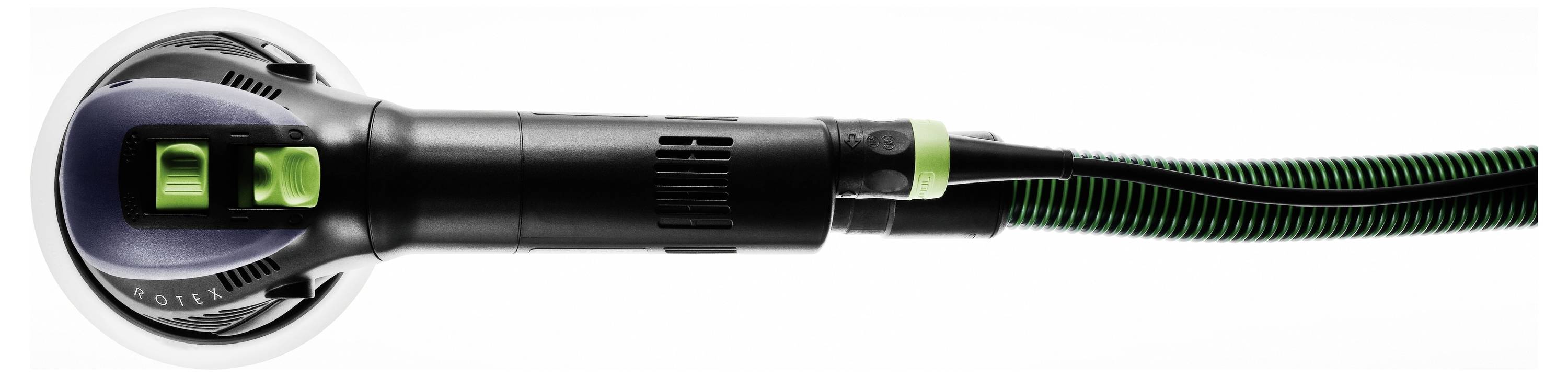 Ein schwarzes und grünes Elektrowerkzeug mit einer kreisförmigen Basis und Kabel, möglicherweise ein Schleifen, von der Seite betrachtet.