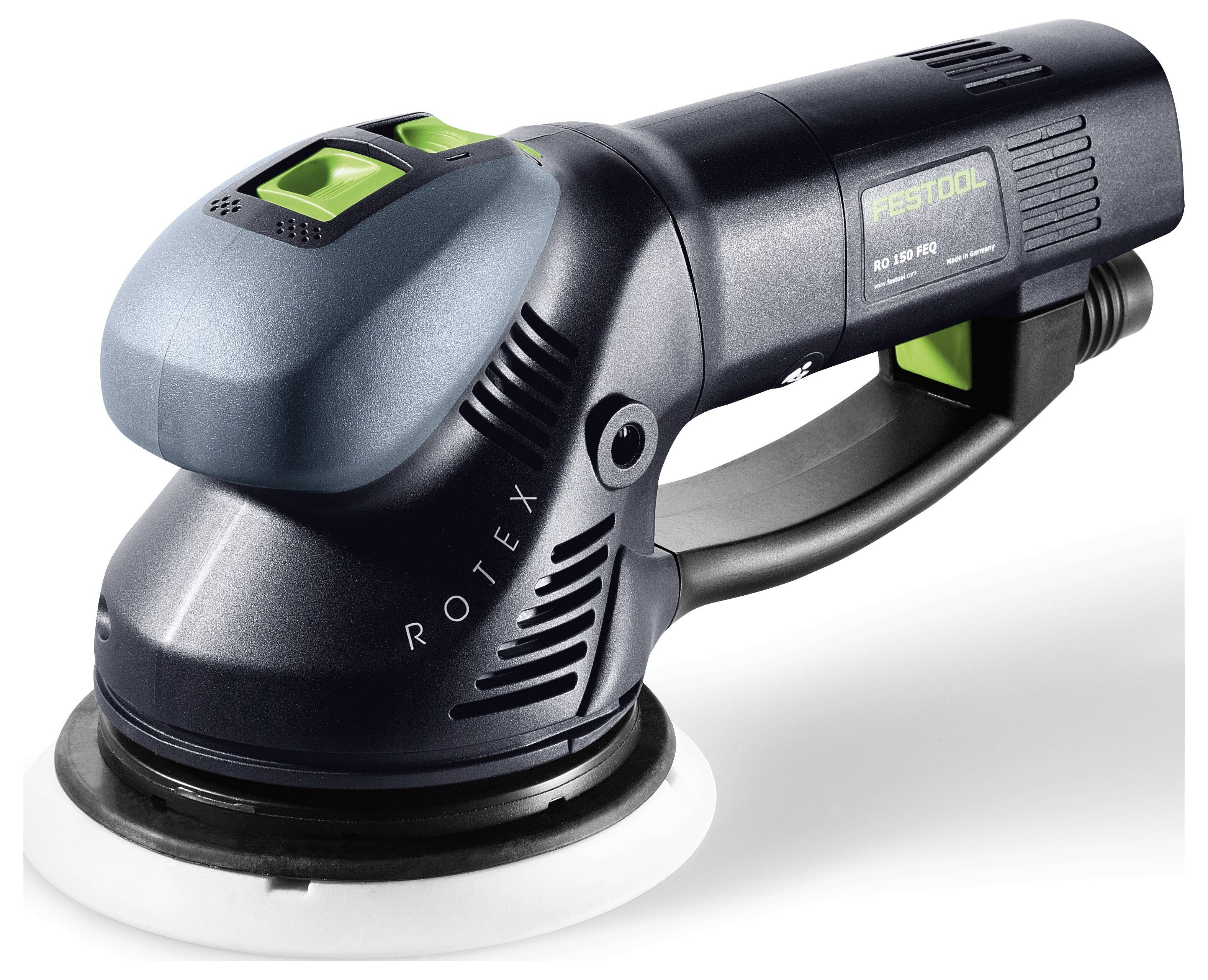 Ein schwarz-grüner Festool ROTEX RO 150 Profi-Schleifer mit einem weißen Schleifteller, dargestellt in einer Seitenansicht.