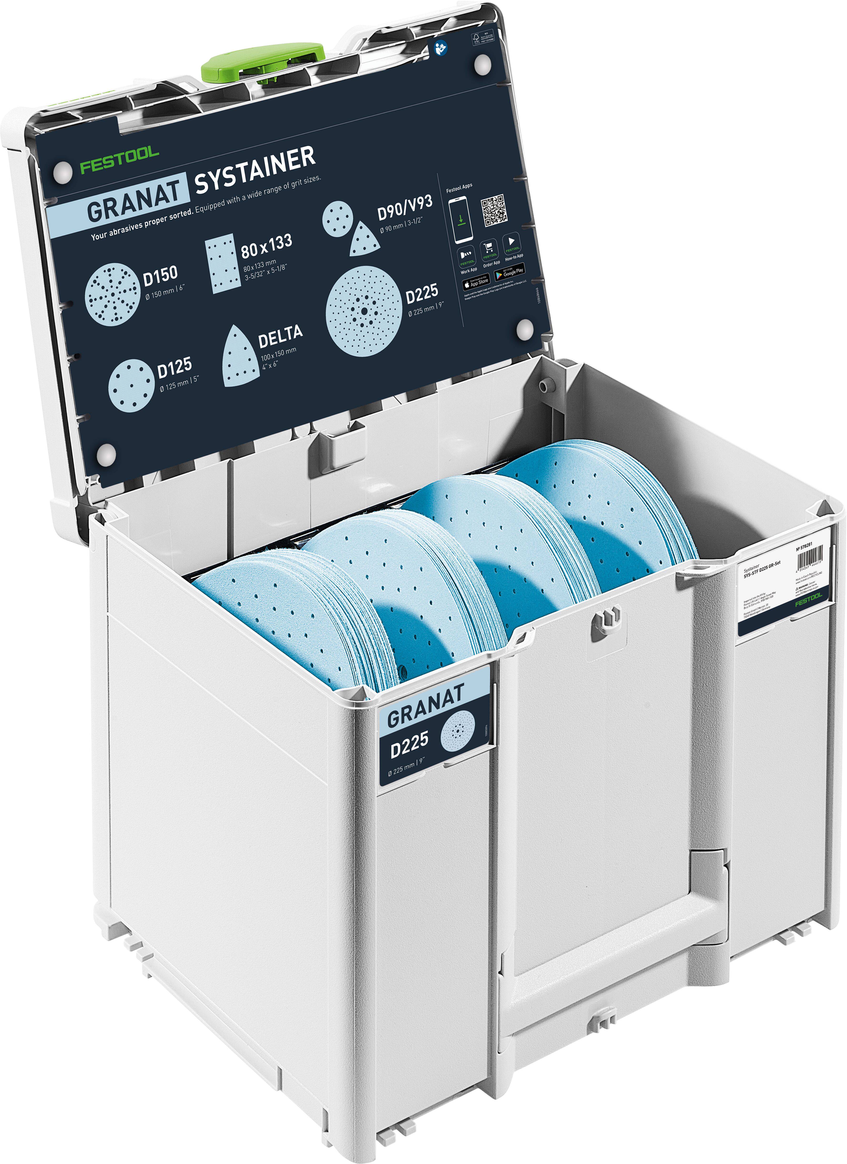 Offenes Festool Systainer mit verschiedenen blauen Schleifpads, die in Fächern organisiert sind, mit einem Produktetikett auf dem Innenseite des Deckels.