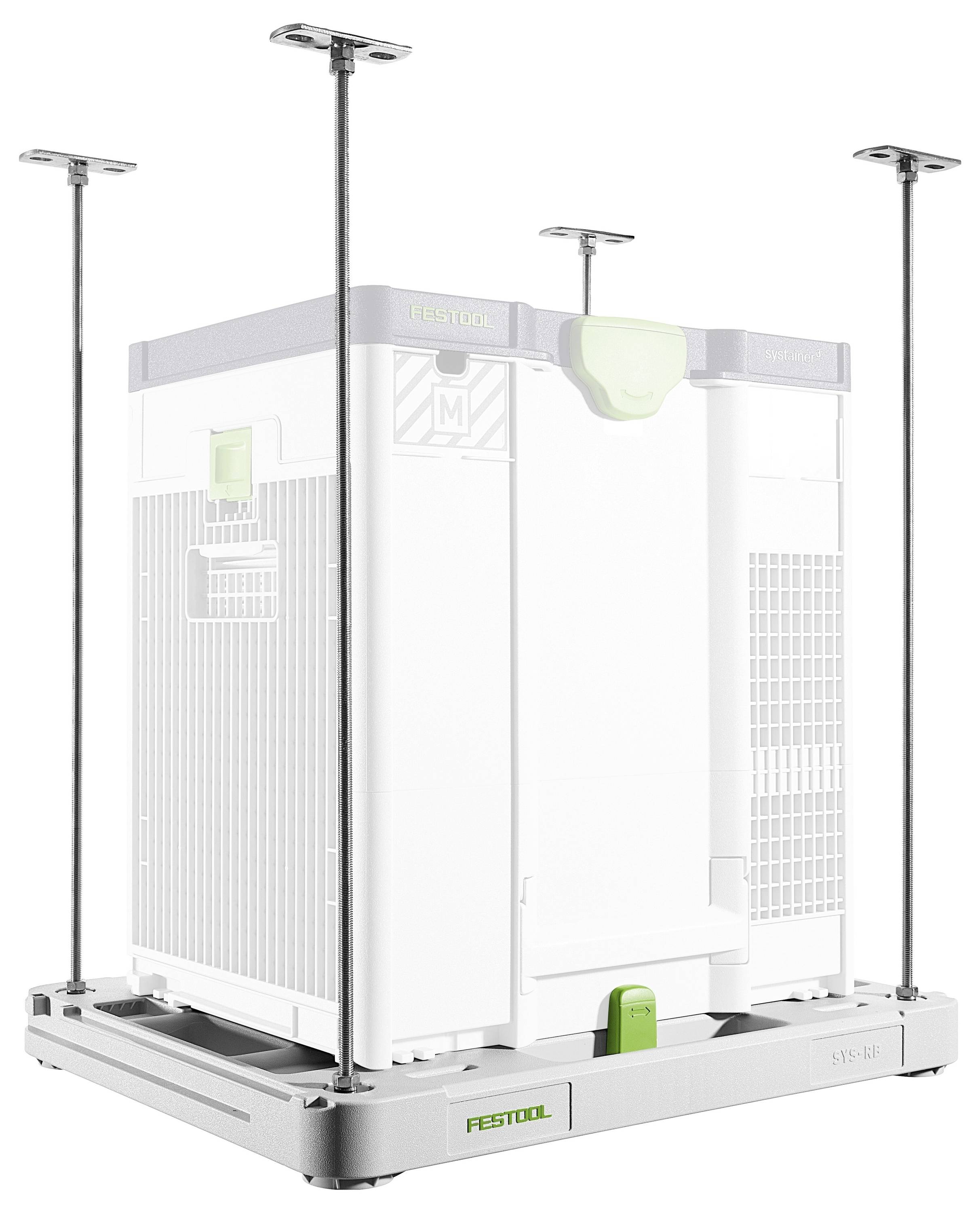 Ein weißer Festool Systainer Lagerbehälter steht auf einer Basis mit verstellbaren Stangen an jeder Ecke zur Stabilisierung oder Ausrichtung.