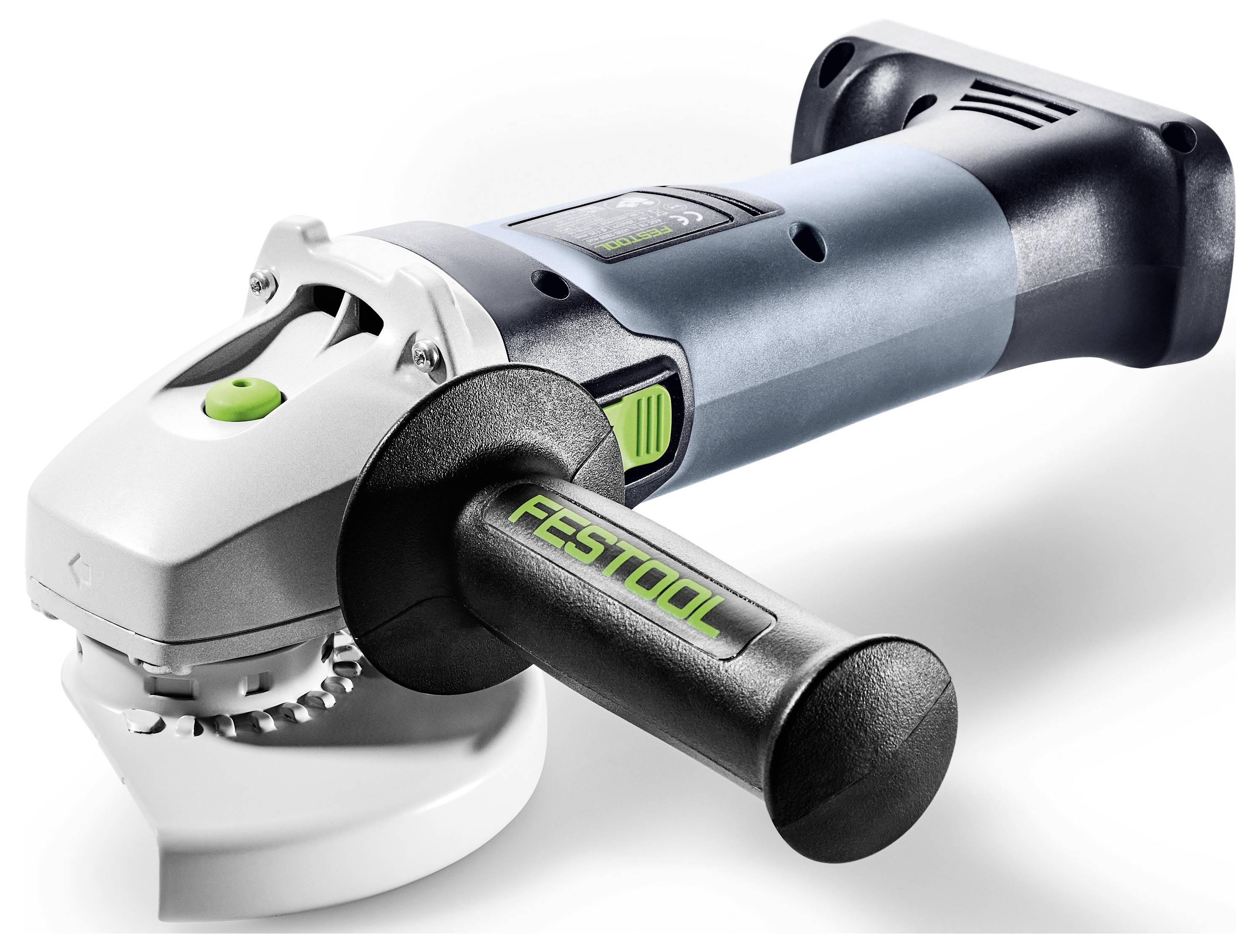 Kabelloser Winkelschleifer mit robustem Griff, gekennzeichnet mit „Festool", mit silberner und blauer Gestaltung und grünen Tasten zur Bedienung.