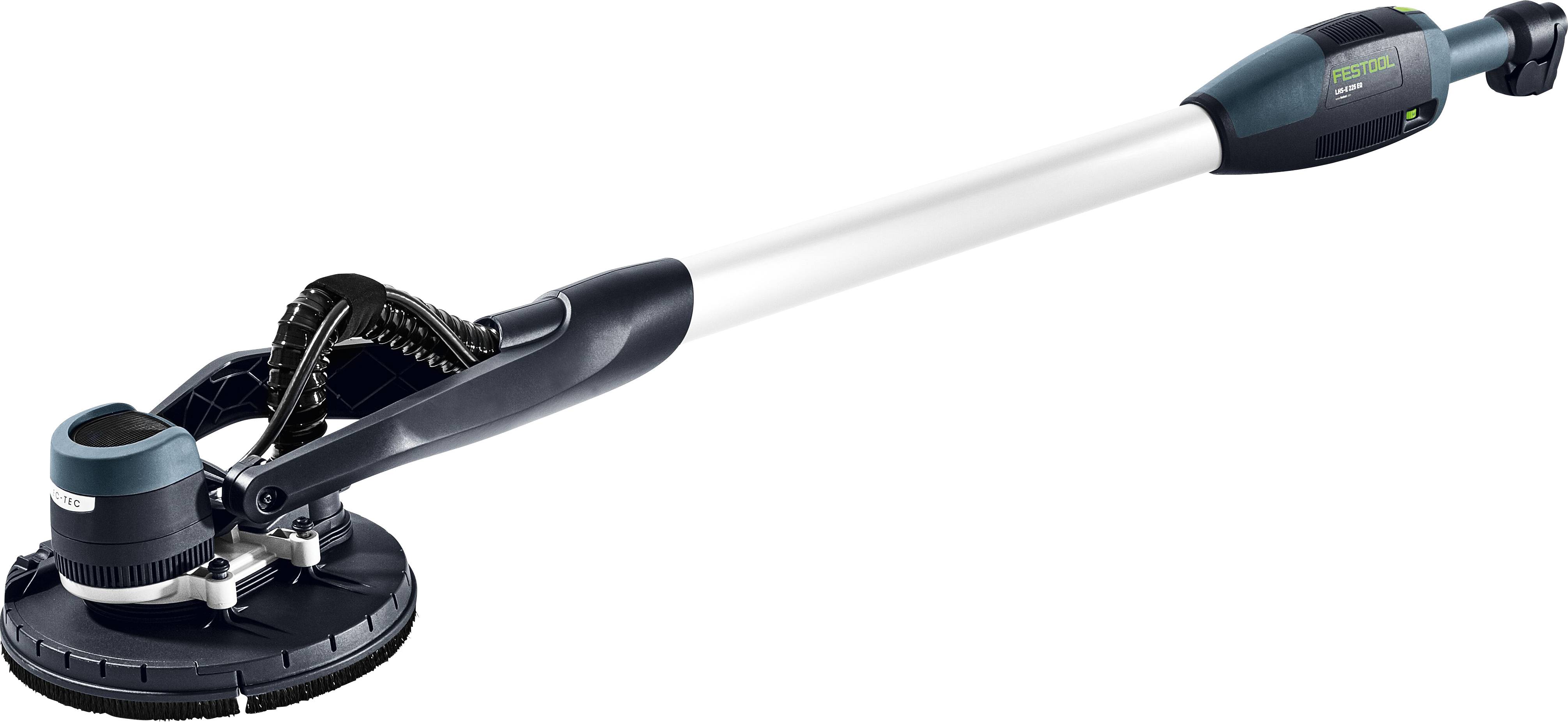 Ein elektrischer Trockenbau-Schleiffer mit verstellbarem Griff, in schwarzer und weißer Farbgebung, in Seitenansicht auf weißem Hintergrund dargestellt.