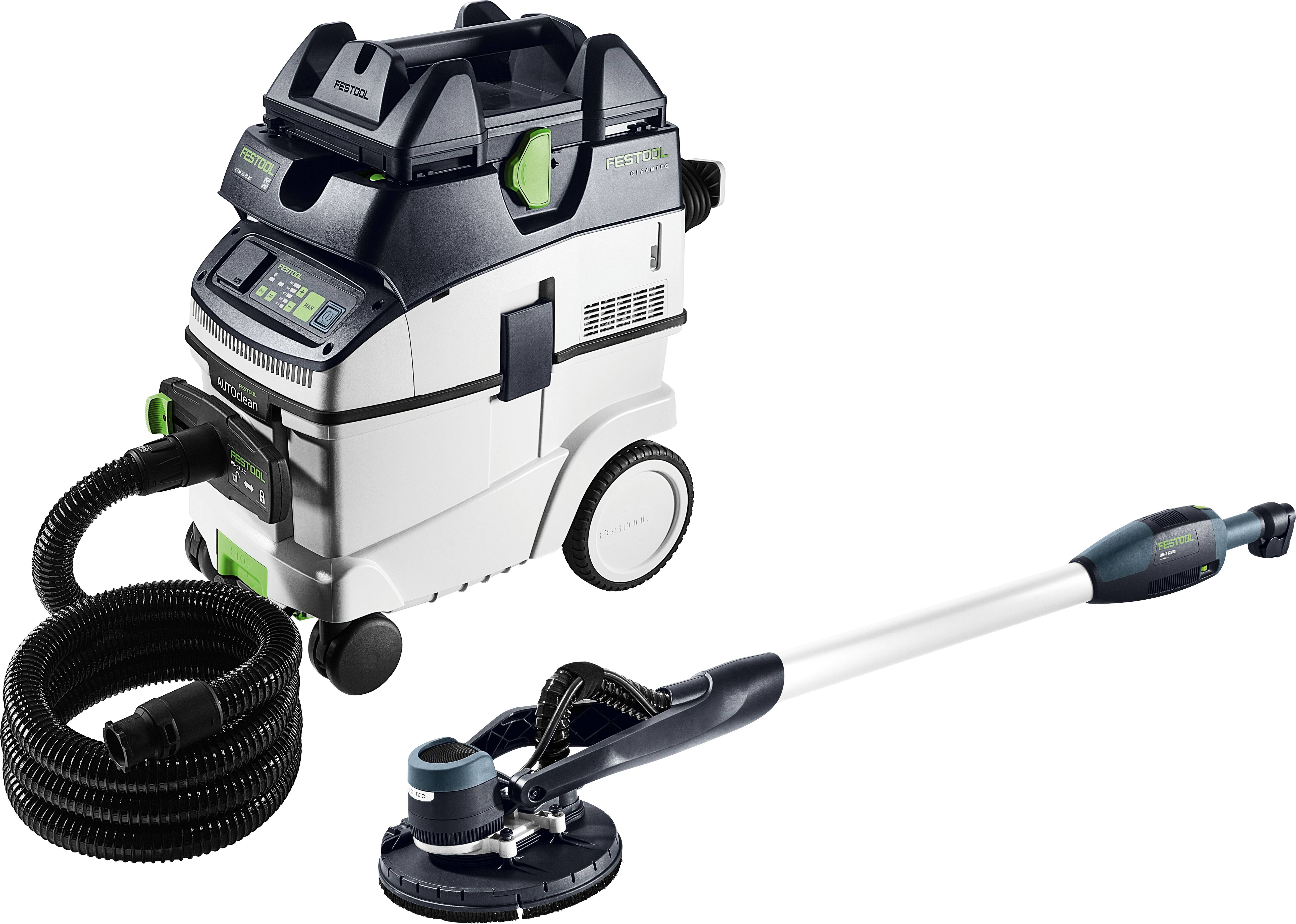 Festool PLANEX Easy LHS-E 225 Gipsplattensch­leifer und CT 36 AC Staubabsauganlage zum Schleifen von Gipsplatten mit effizienter Staubkontrolle.