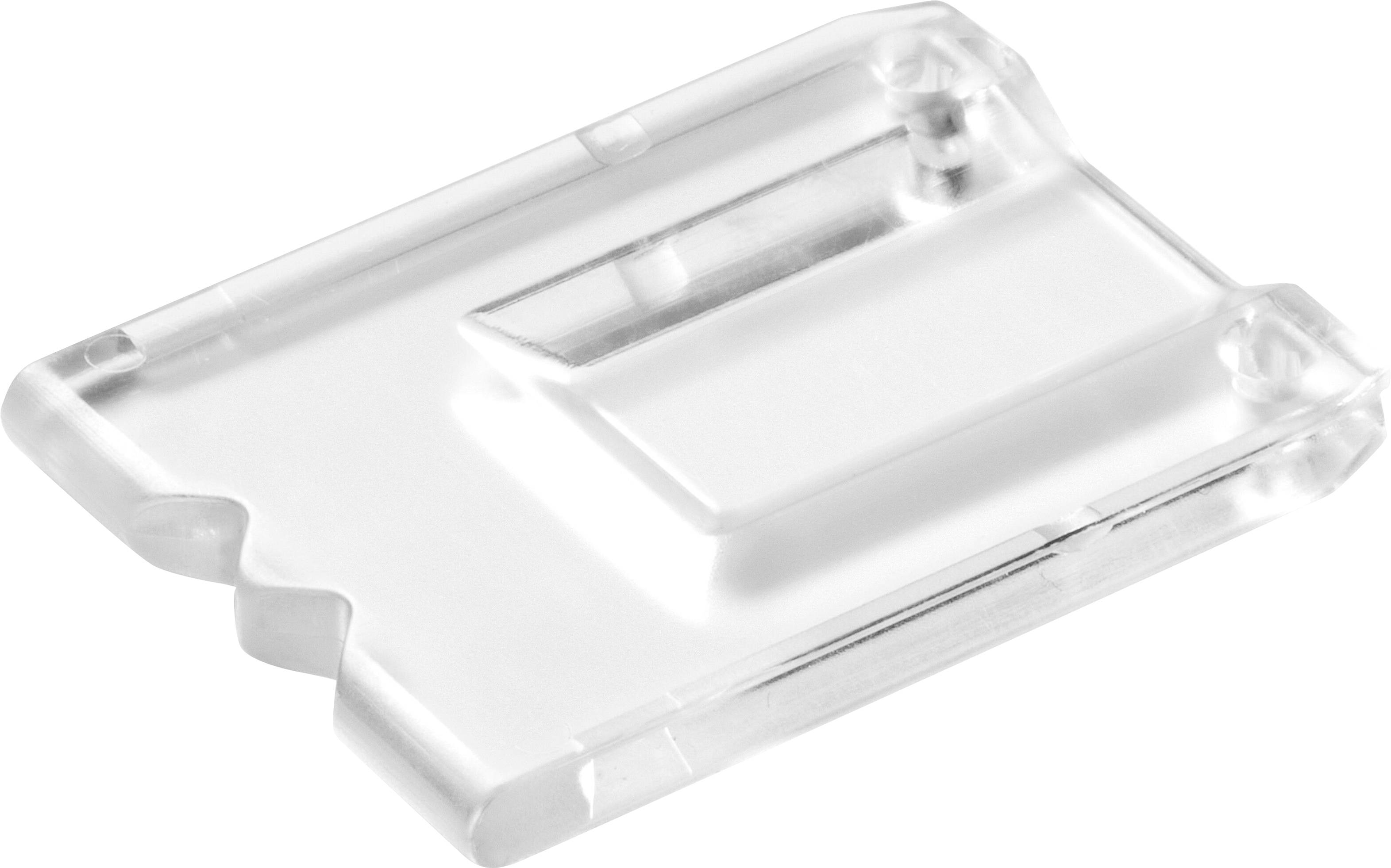 Ein transparenter, rechteckiger Kunststoffkartenhalter mit gerillten Kanten, in Schrägansicht dargestellt. Geeignet zum Halten von Ausweisen oder Kreditkarten.