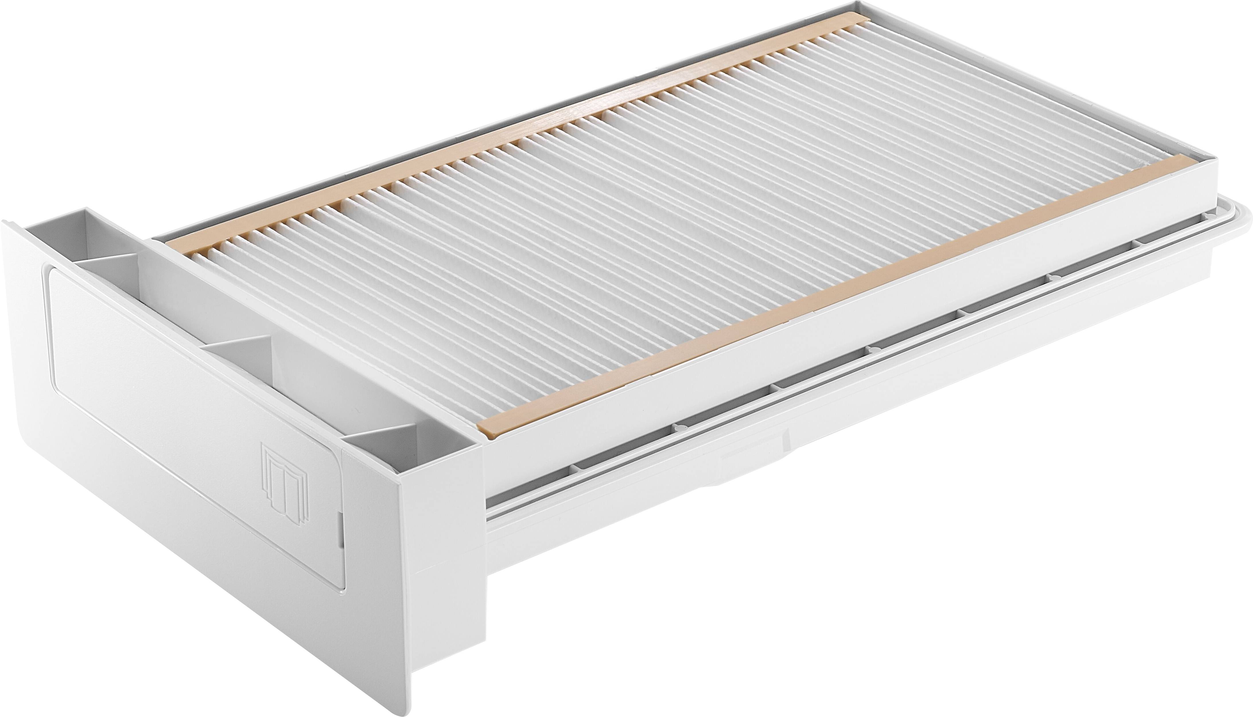 Ein weißer Luftfilter mit gefälteltem, akkordeonartigem Papier in einem rechteckigen Kunststoffrahmen, der zur Filterung in HVAC-Systemen ausgelegt ist.