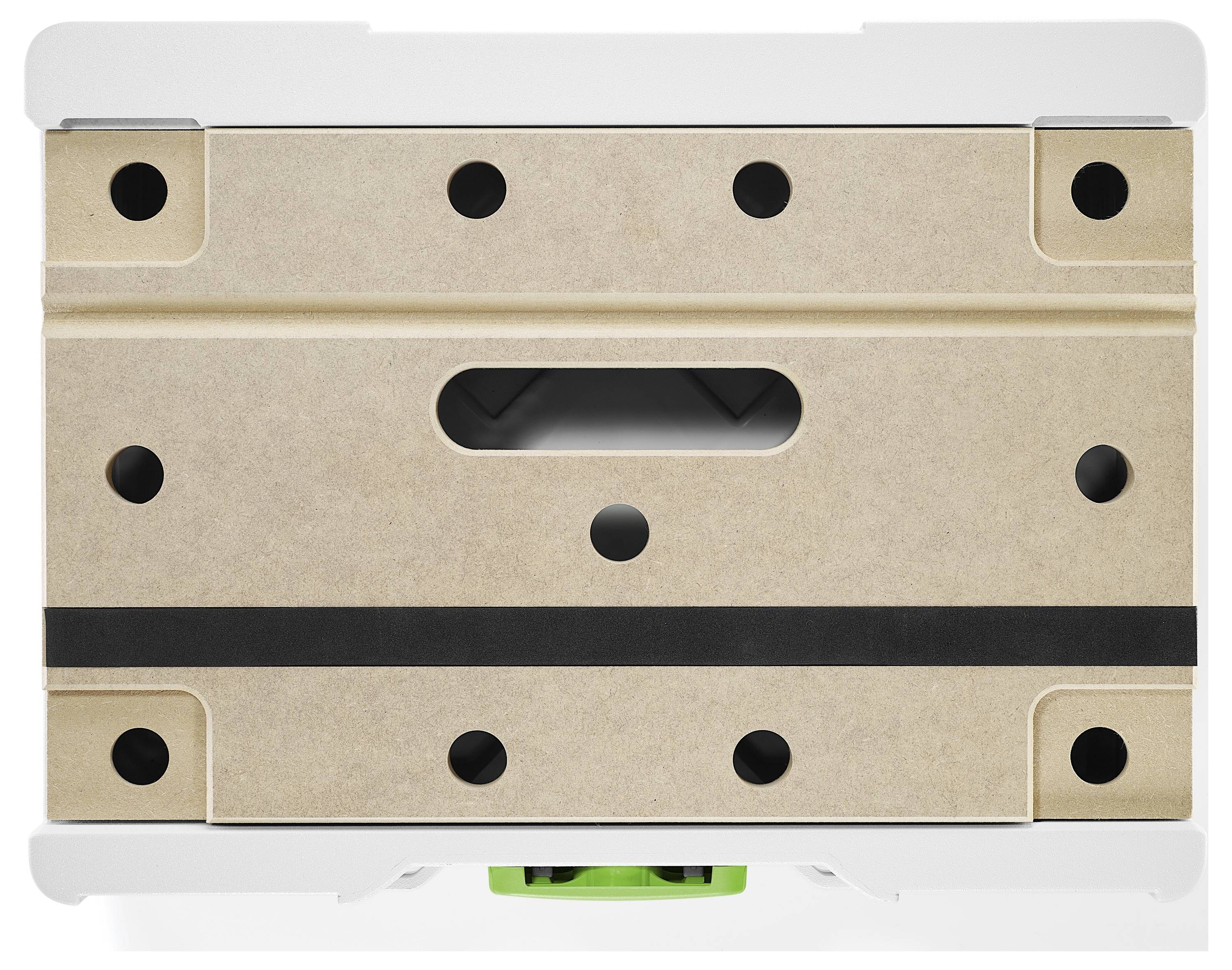 Ein weißer und grauer stapelbarer Kofferdekkel mit mehreren kleinen schwarzen Löchern und einem zentralen Griff, oben mit einer strukturierten beigefarbenen Oberfläche.