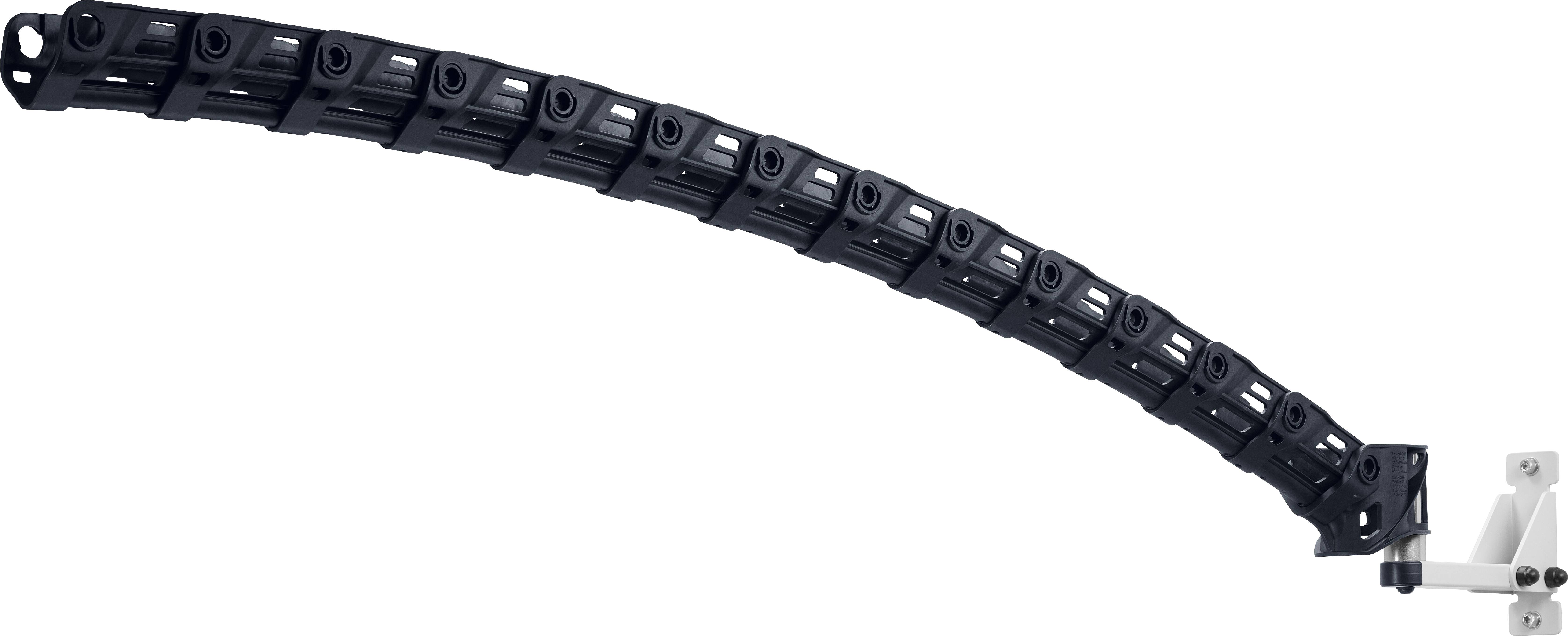 Ein flexibler schwarzer Kabelschutz, der nach oben gewölbt ist, befestigt an einem beigen mechanischen Arm auf der rechten Seite, wird zur Verwaltung und zum Schutz von Kabeln verwendet.