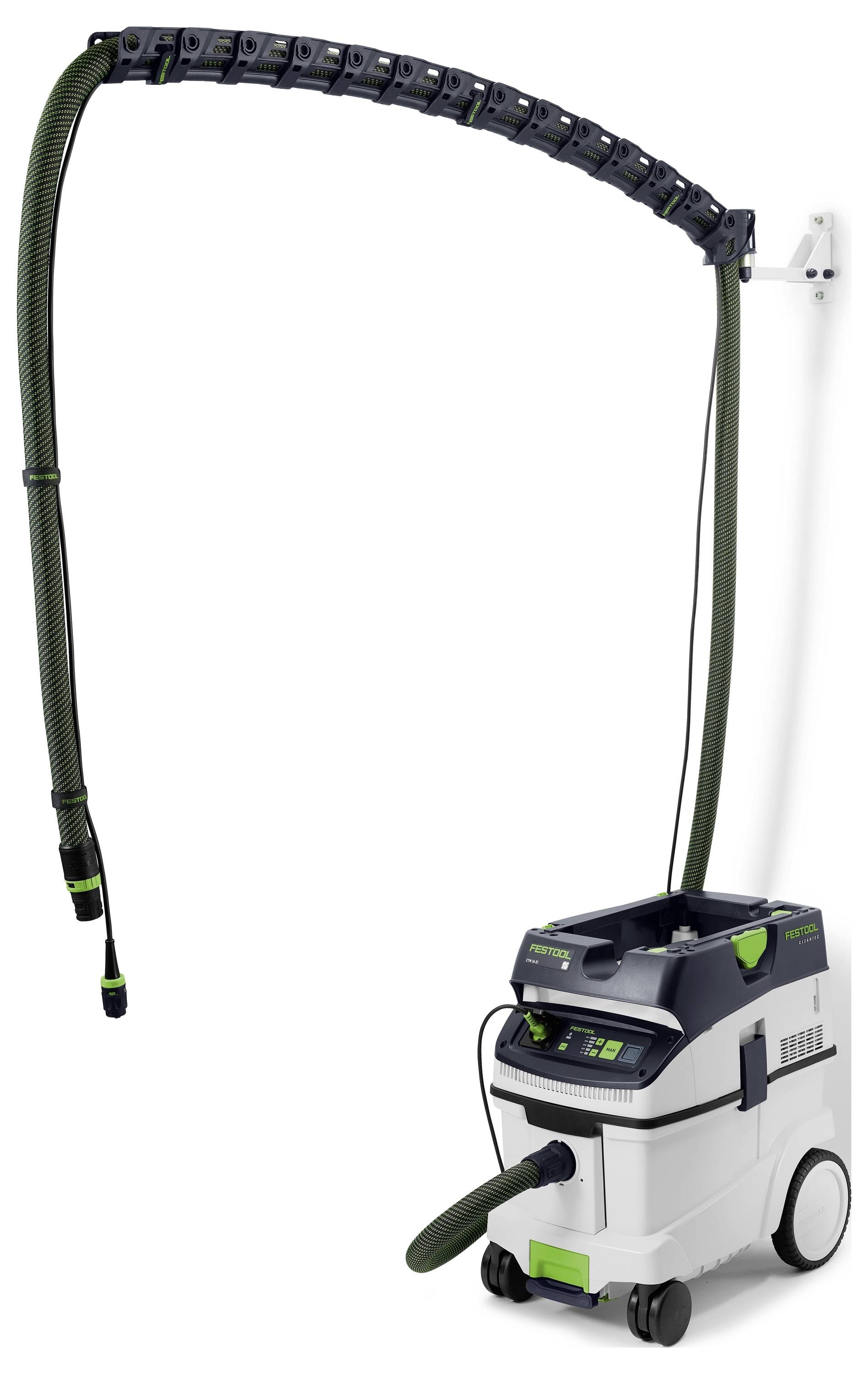 Festool-Staubsauger mit Schlauchmanagementsystem, montiert auf einer Wandhalterung, zeigt fortschrittliche Staubabsaugung für industrielle Anwendung.