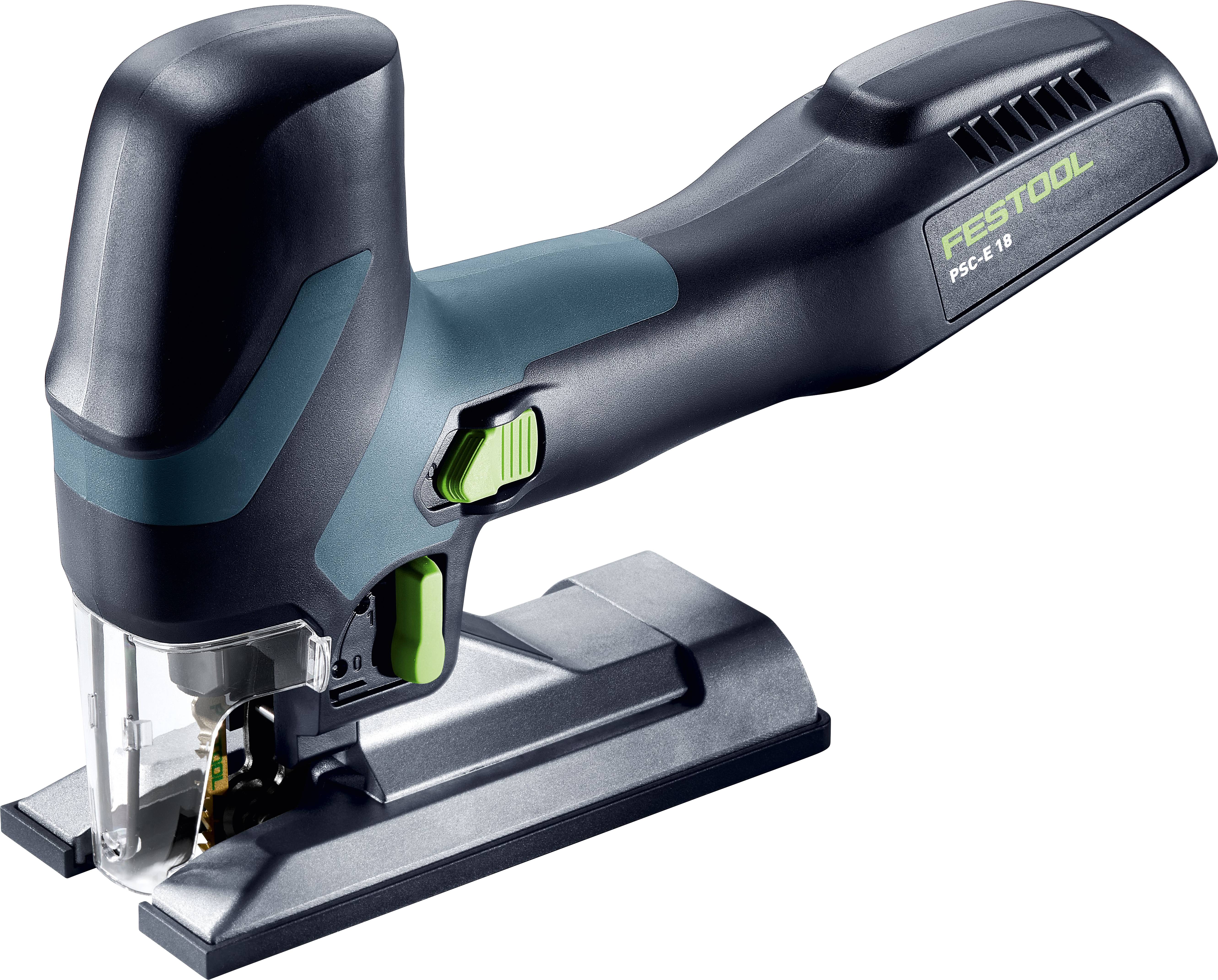 Eine schwarze und grüne Festool PSC 420 Akku-Stichsäge mit schlankem Design, ergonomischem Griff und fortschrittlichen Schneidfähigkeiten.