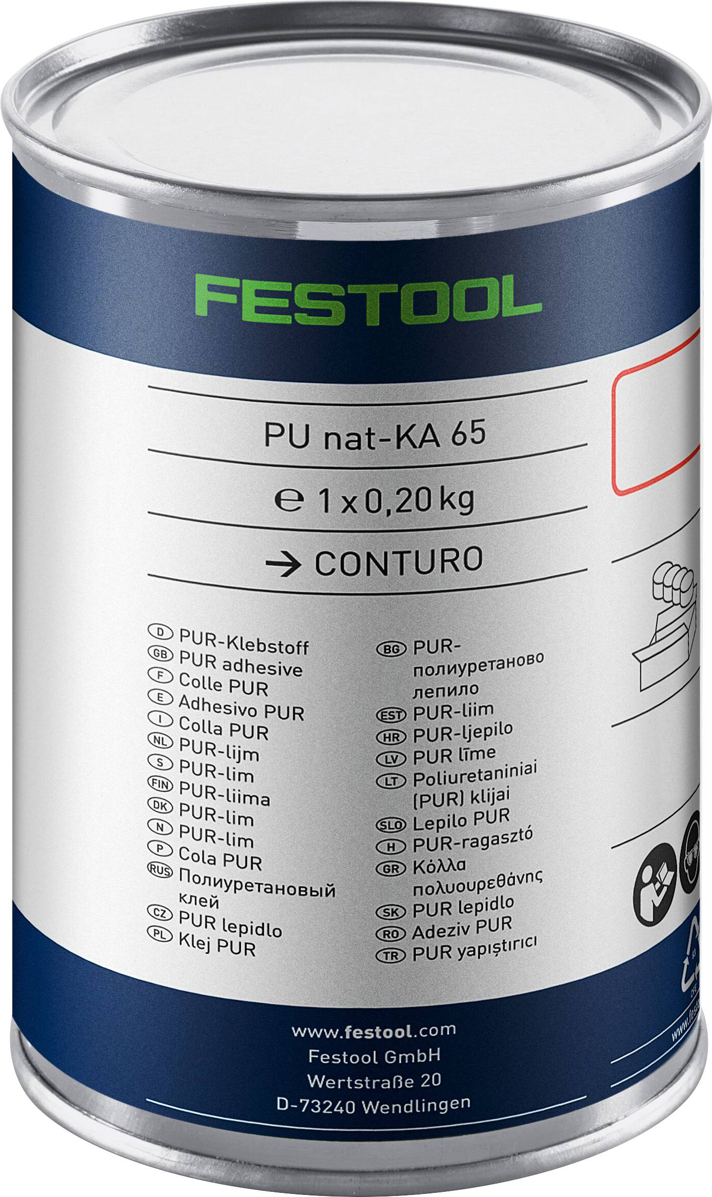 Eine zylindrische Dose Festool-Klebstoff, mit der Bezeichnung „PUR nat-KA 65