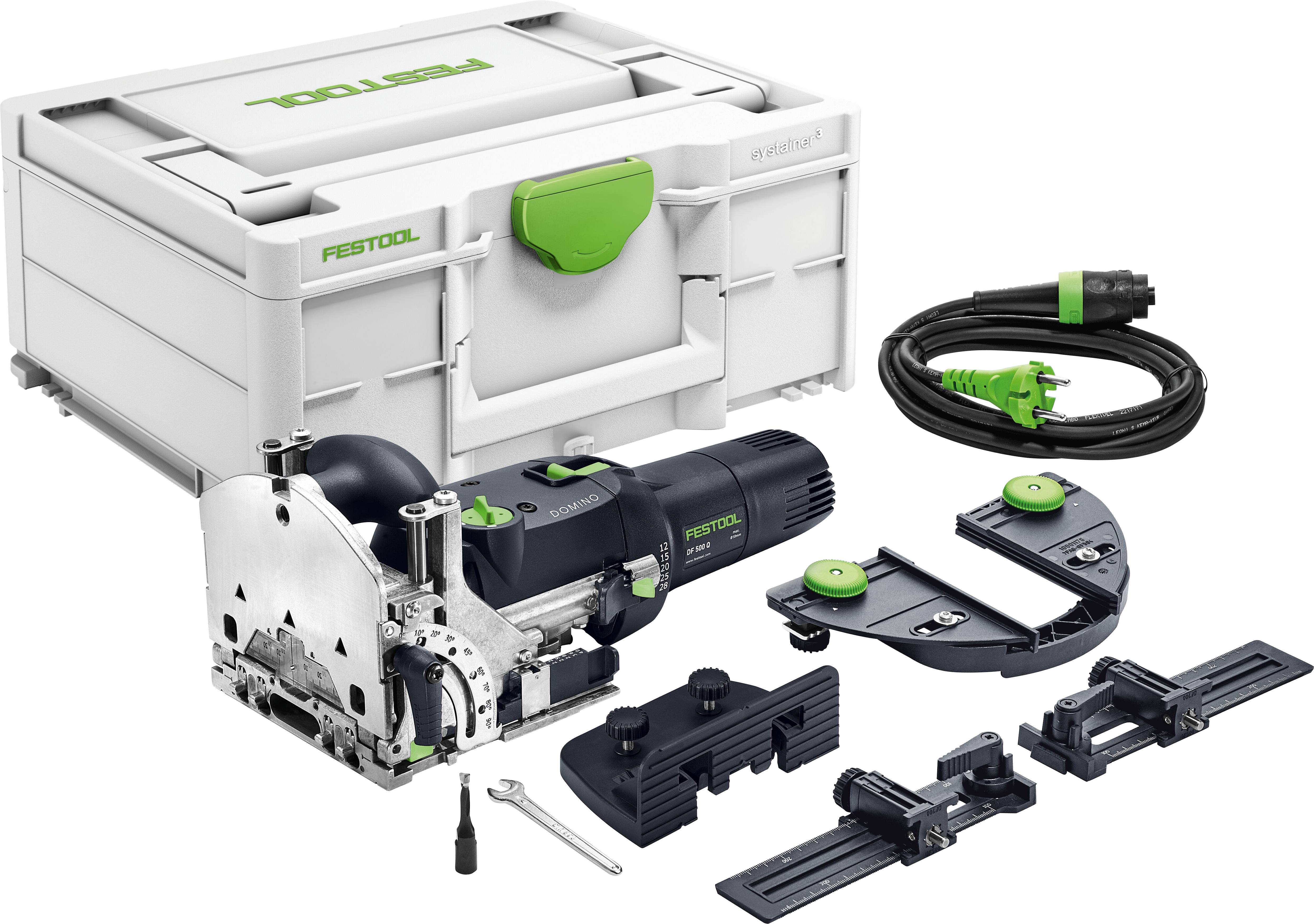 'Festool Domino DF 500 Verbindungsmaschinen-Set' umfasst die Verbindungsmaschine, Zubehör und einen Aufbewahrungskoffer. Ideal für präzise Holzbearbeitung und Möbelherstellung.