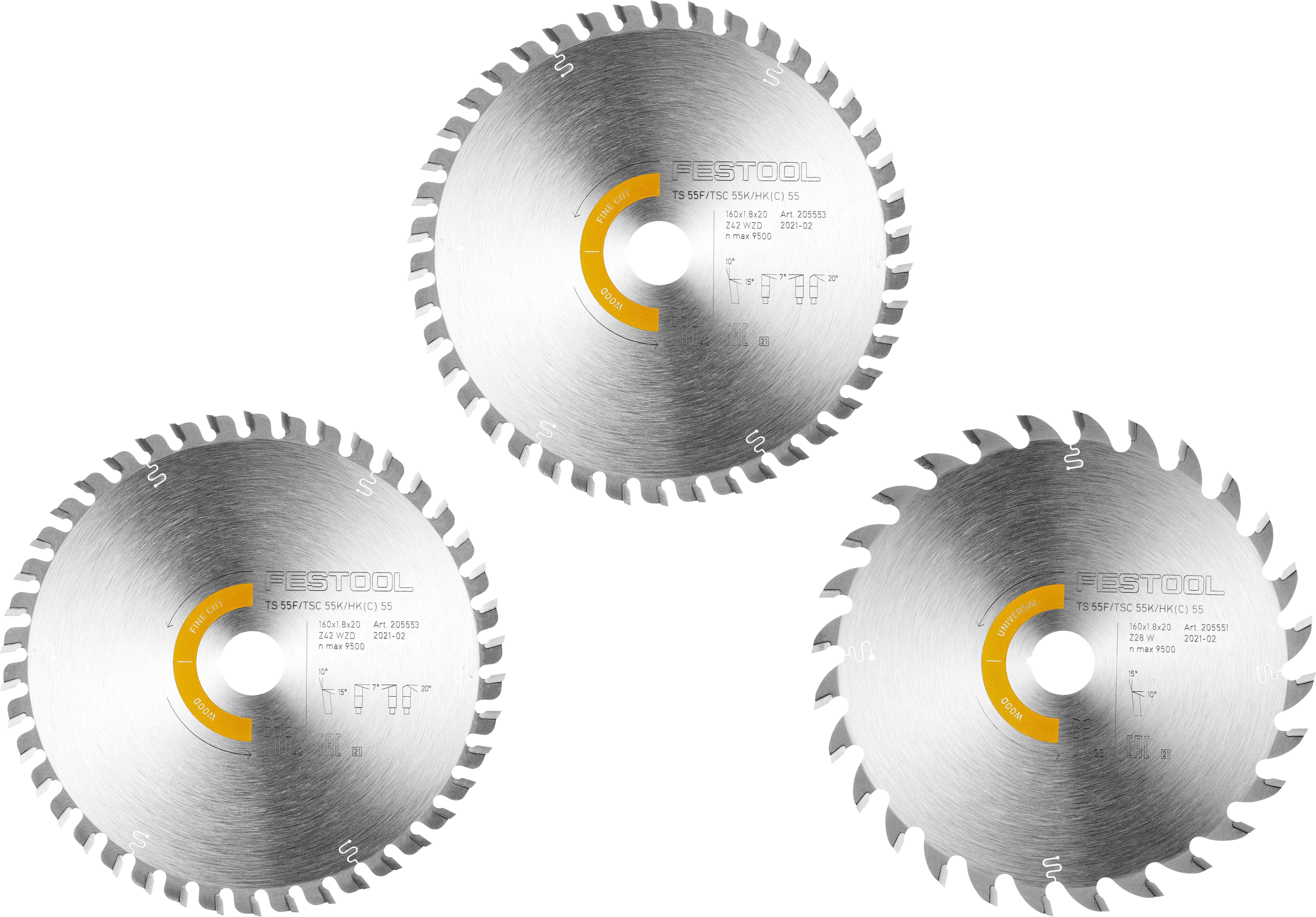 Drei Kreissägeblätter mit scharfen Zähnen, jedes mit Spezifikationen gekennzeichnet, in einer dreieckigen Anordnung auf weißem Hintergrund angeordnet.