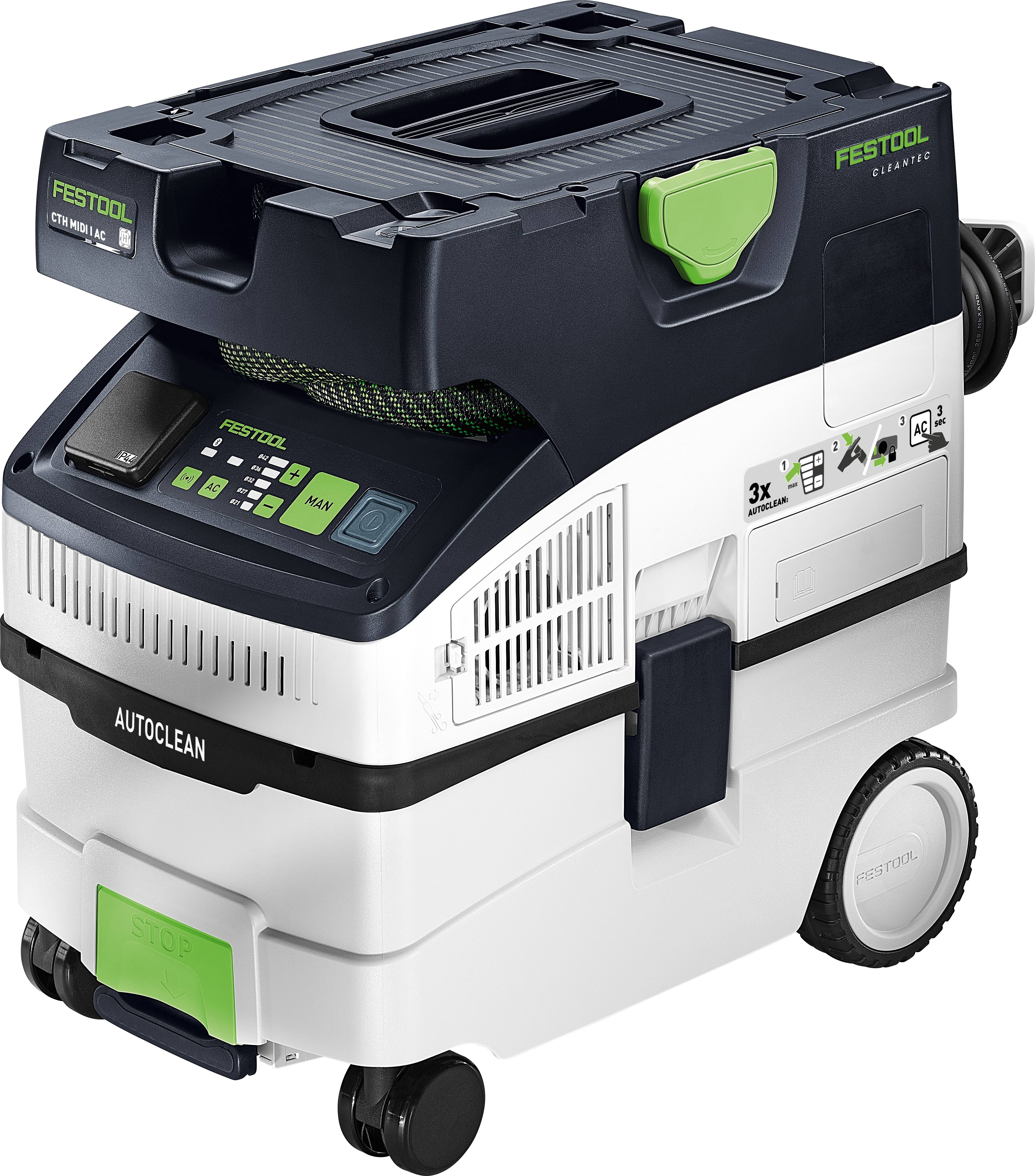 Ein Festool-Staubsauger mit Rädern und Griff, mit einem Bedienfeld mit Tasten und Display ausgestattet. Es trägt die Bezeichnung „AUTOCLEAN