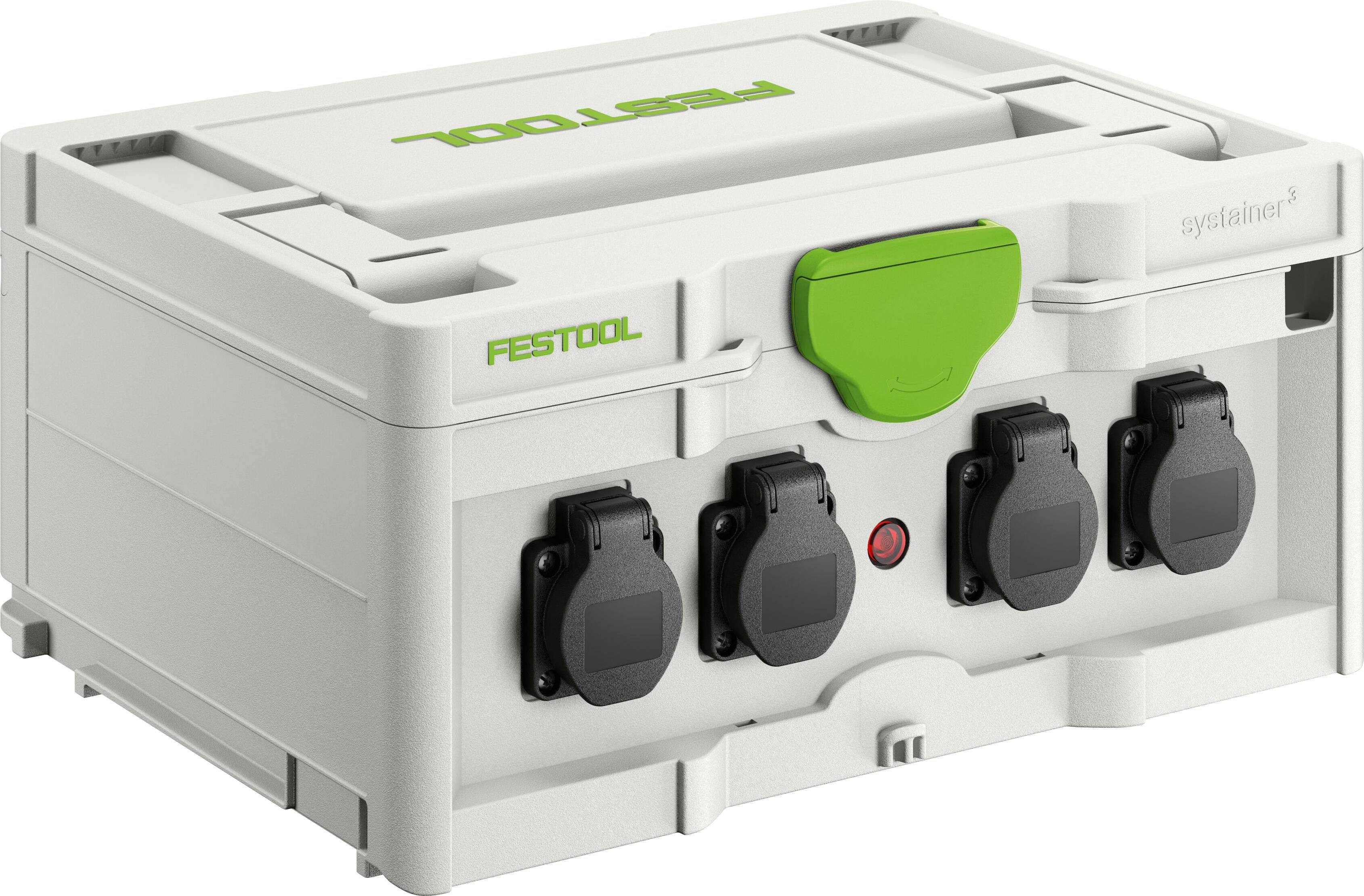 Eine Festool-Stromverteilungsbox mit weißem Außengehäuse und grünem Griff verfügt über vier schwarze Stromsteckdosen und ein kleines rotes Anzeigelicht.