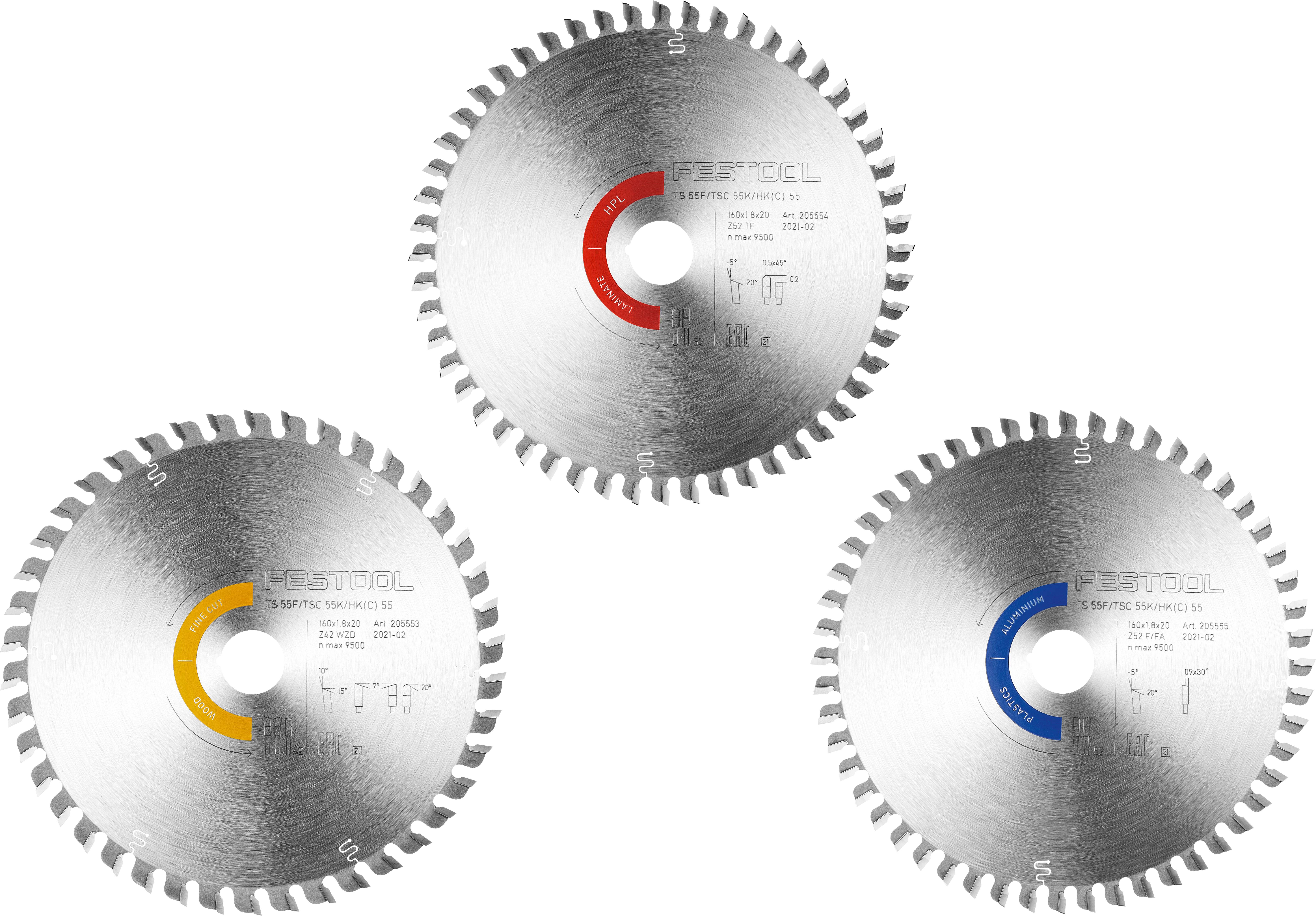 Drei Kreissägeblätter mit verschiedenfarbigen Etiketten (rot, gelb, blau), die die Spezifikationen angeben. Sie sind in einem Dreieck angeordnet.