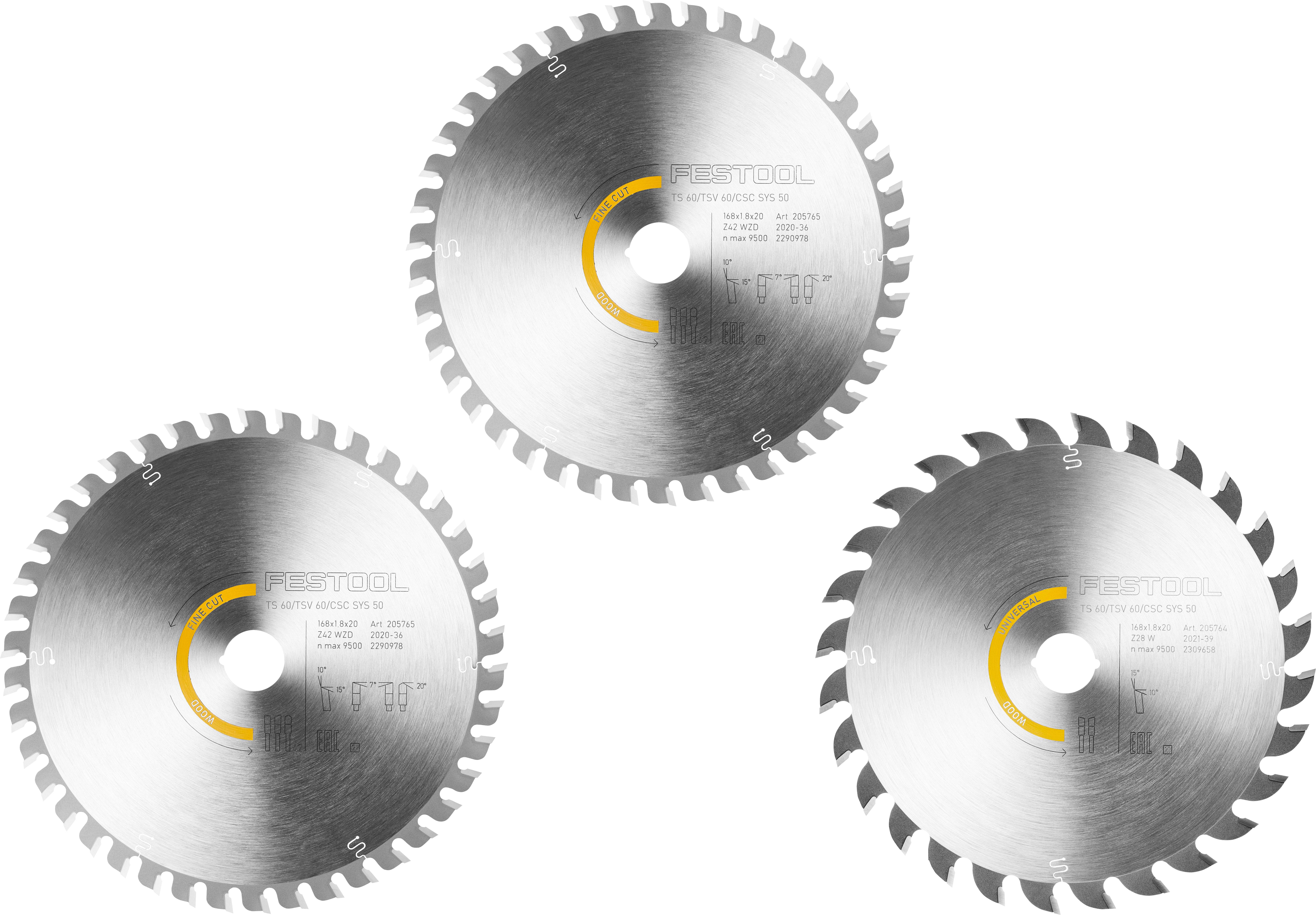 Drei Kreissägeblätter mit silberner Metallic-Oberfläche und gelben Markierungen, mit den Zähnen nach außen positioniert, vor weißem Hintergrund.