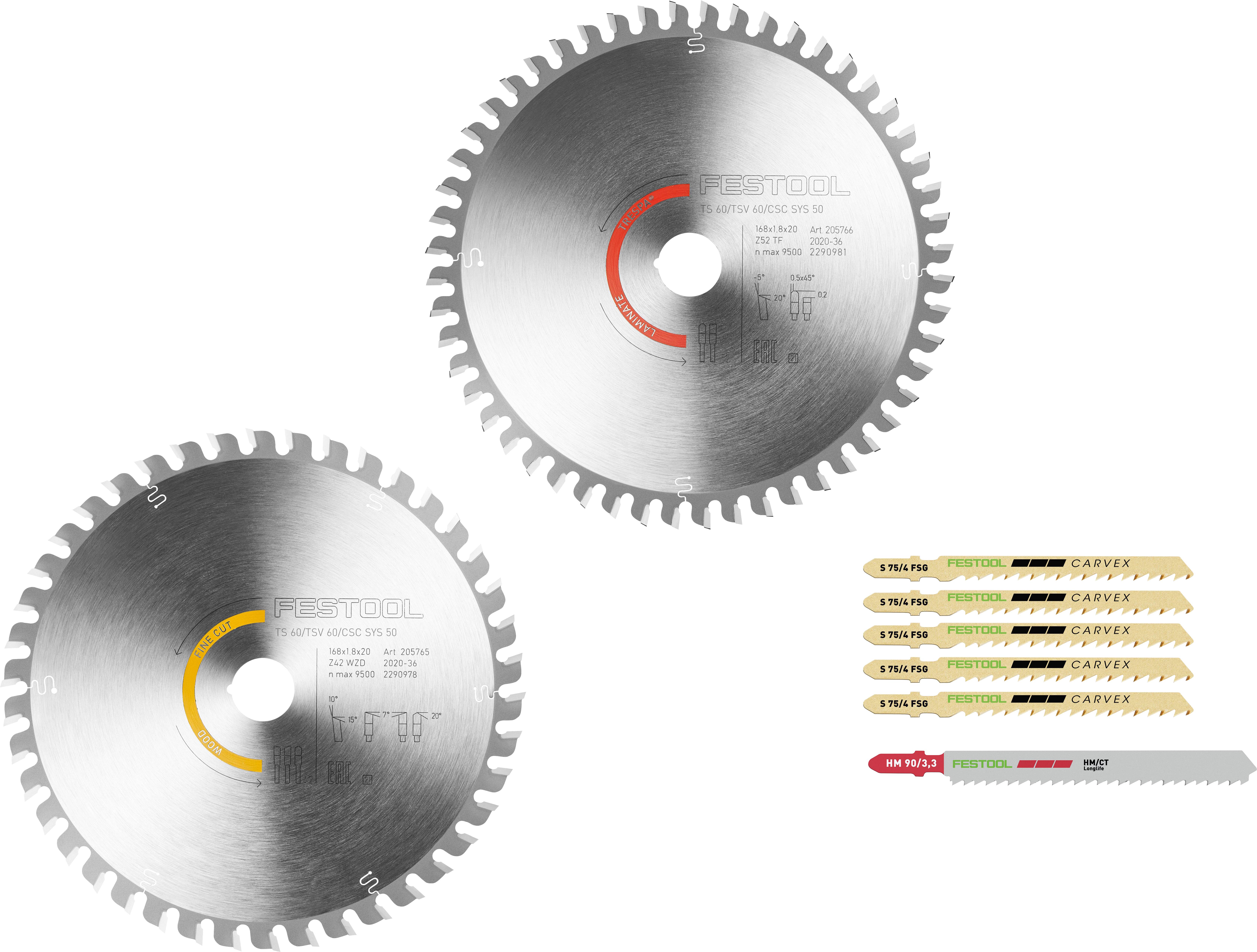 Sägeblatt-Set, bestehend aus zwei Kreissägeblättern auf der linken Seite und einer Vielzahl von Stichsägeblättern auf der rechten Seite, gekennzeichnet für verschiedene Materialien.
