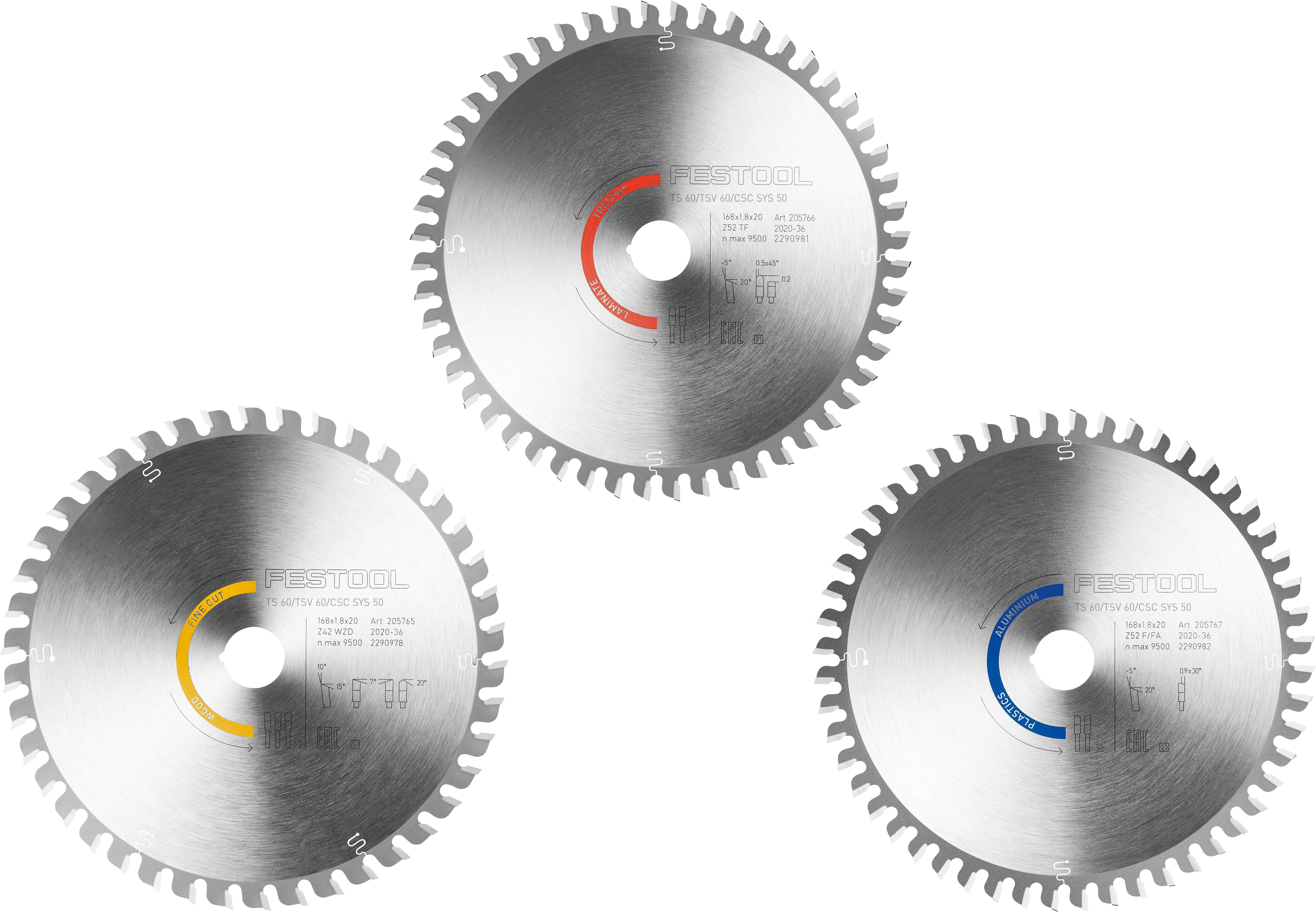 Drei Kreissägeblätter mit unterschiedlich farbigen Ringen: rot, gelb und blau, die verschiedene Spezifikationen für unterschiedliche Schneidaufgaben anzeigen.