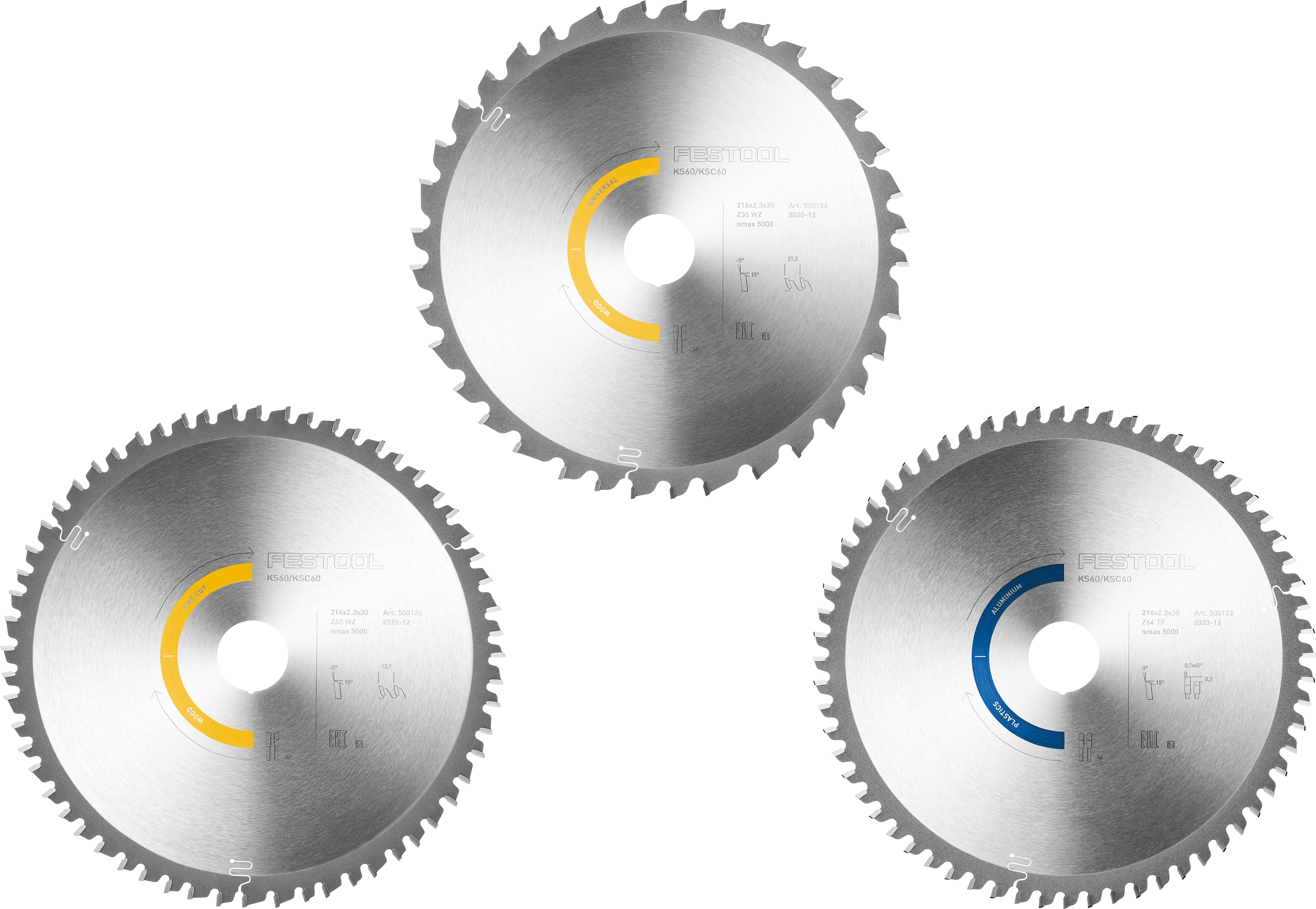 Drei Kreissägeblätter in einem Dreieck angeordnet. Jedes Blatt hat einen farbigen Kreis in der Mitte: gelb, orange und blau.