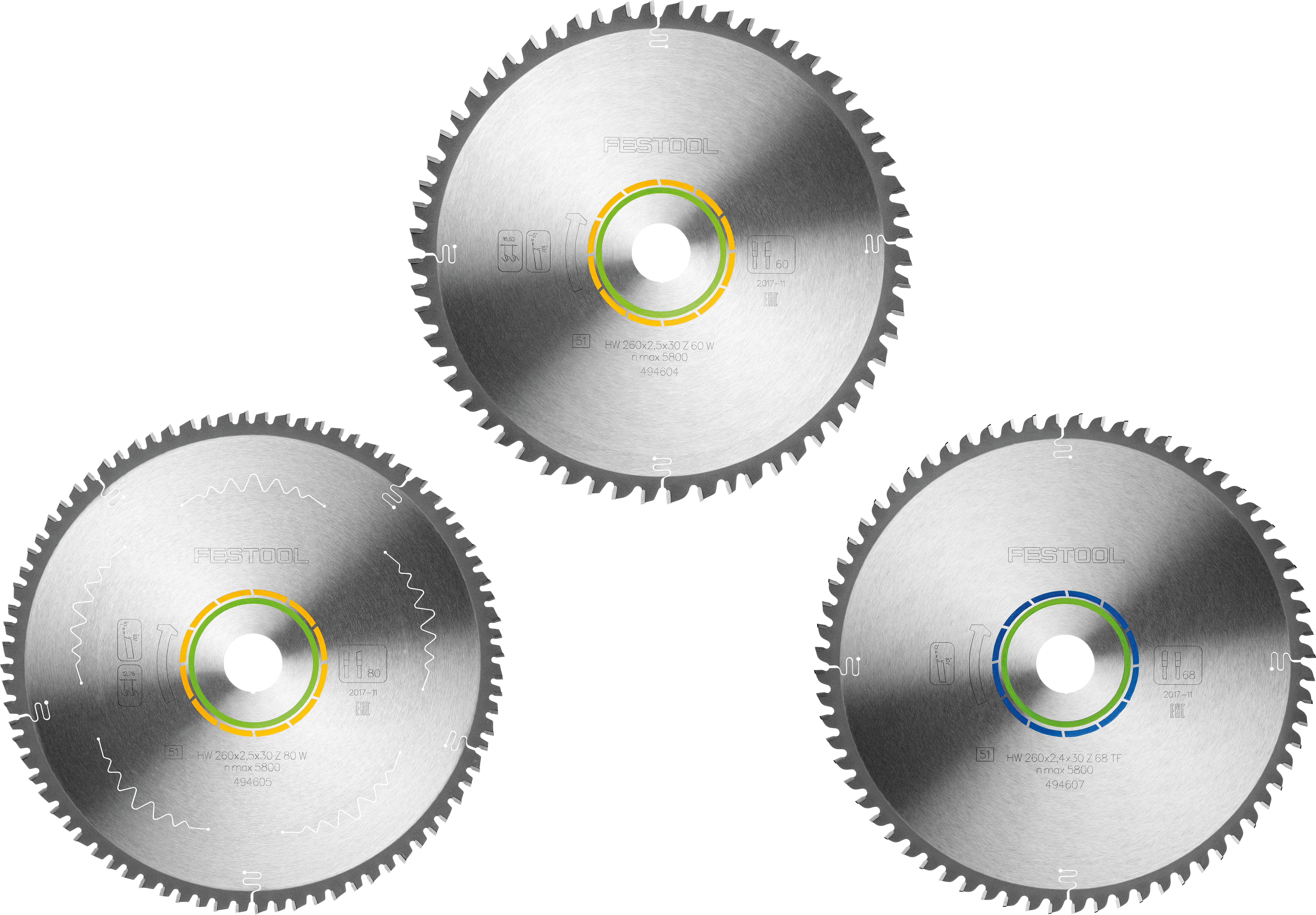 Sägeblattanzeige mit verschiedenen Zahnmustern und farbigen Ringen, die unterschiedliche Sägeblattzwecke oder Spezifikationen anzeigen.
