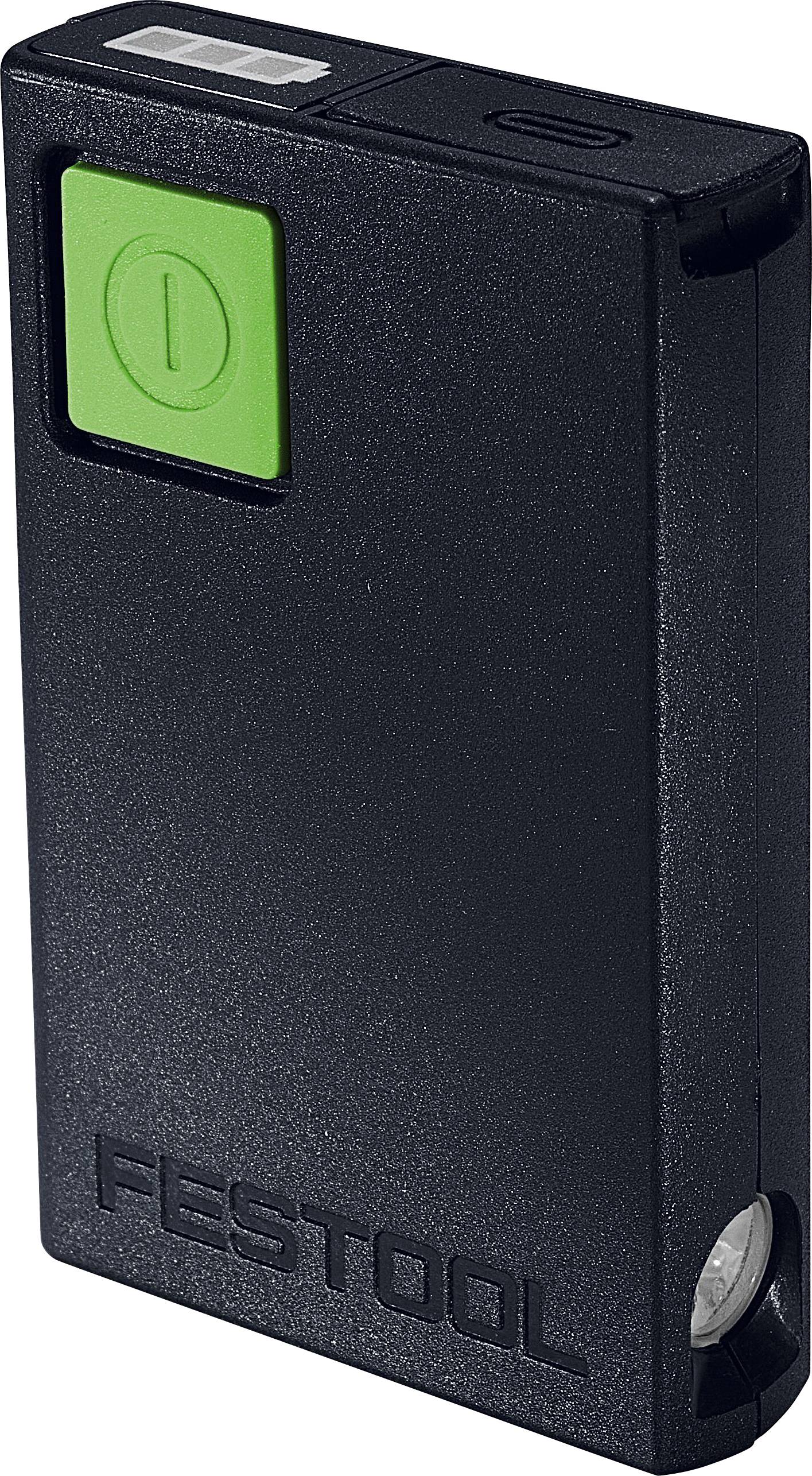 Eine kompakte, schwarze Festool-Fernbedienung mit einem großen grünen Knopf, die wahrscheinlich zur drahtlosen Bedienung von Festool-Elektrowerkzeugen verwendet wird.