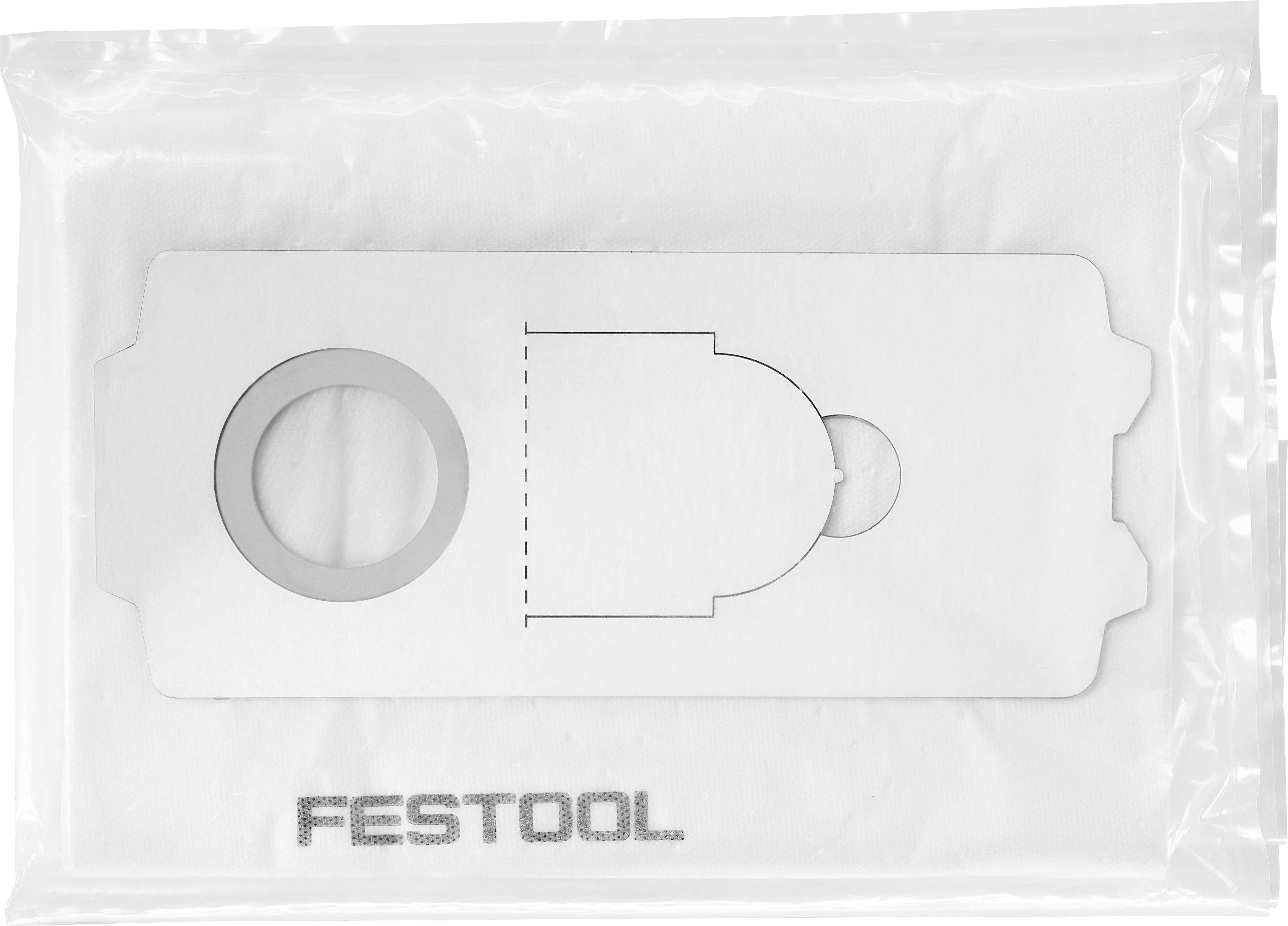 Ein weißer Festool-Staubsaugerbeutel mit einer kreisförmigen Öffnung und gefalteter Konstruktion, verpackt in durchsichtiger Kunststofffolie.
