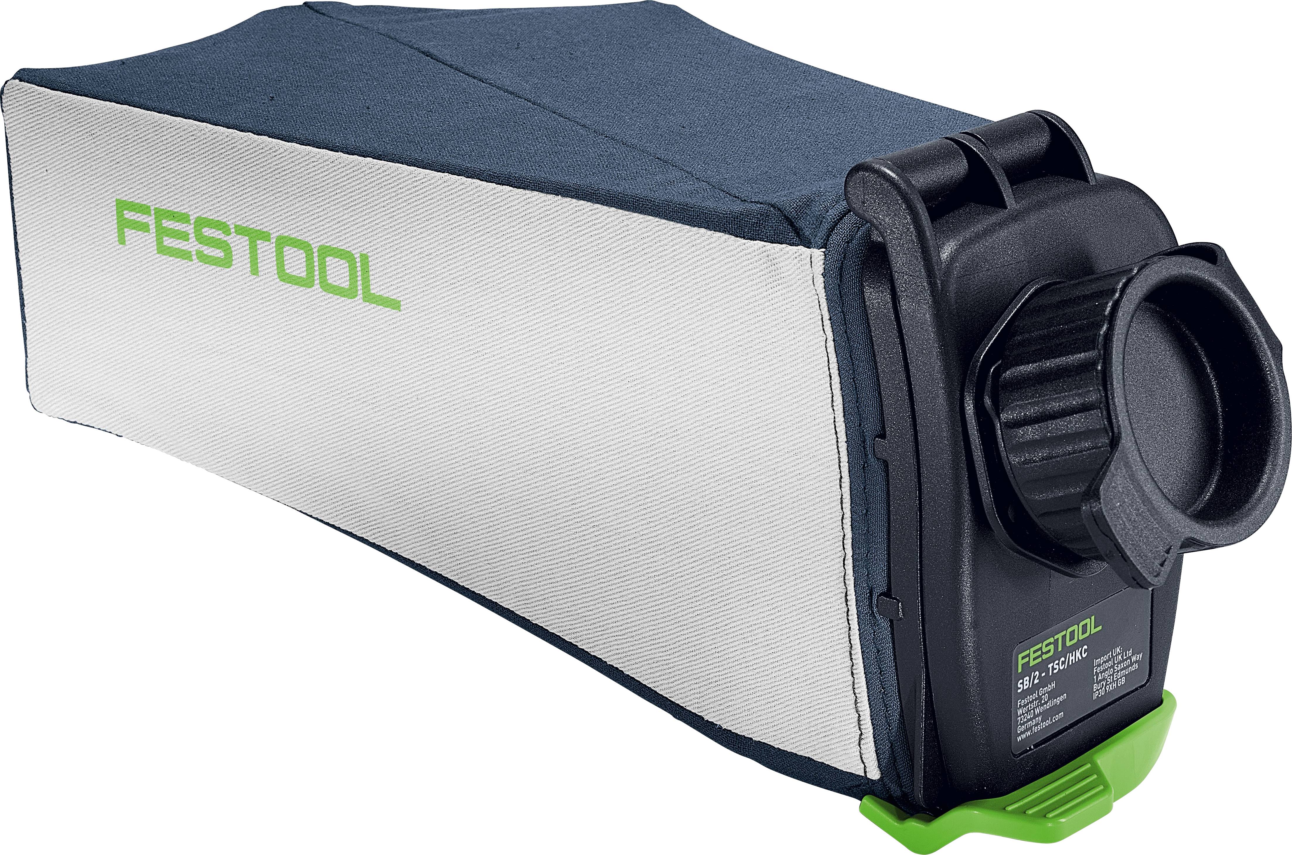 Eine Festool-Staubsackhalterung mit Stoffüberzug und schwarzem Kunststoffanschluss, entwickelt zum Sammeln von Staub in Holzbearbeitungswerkzeugen.