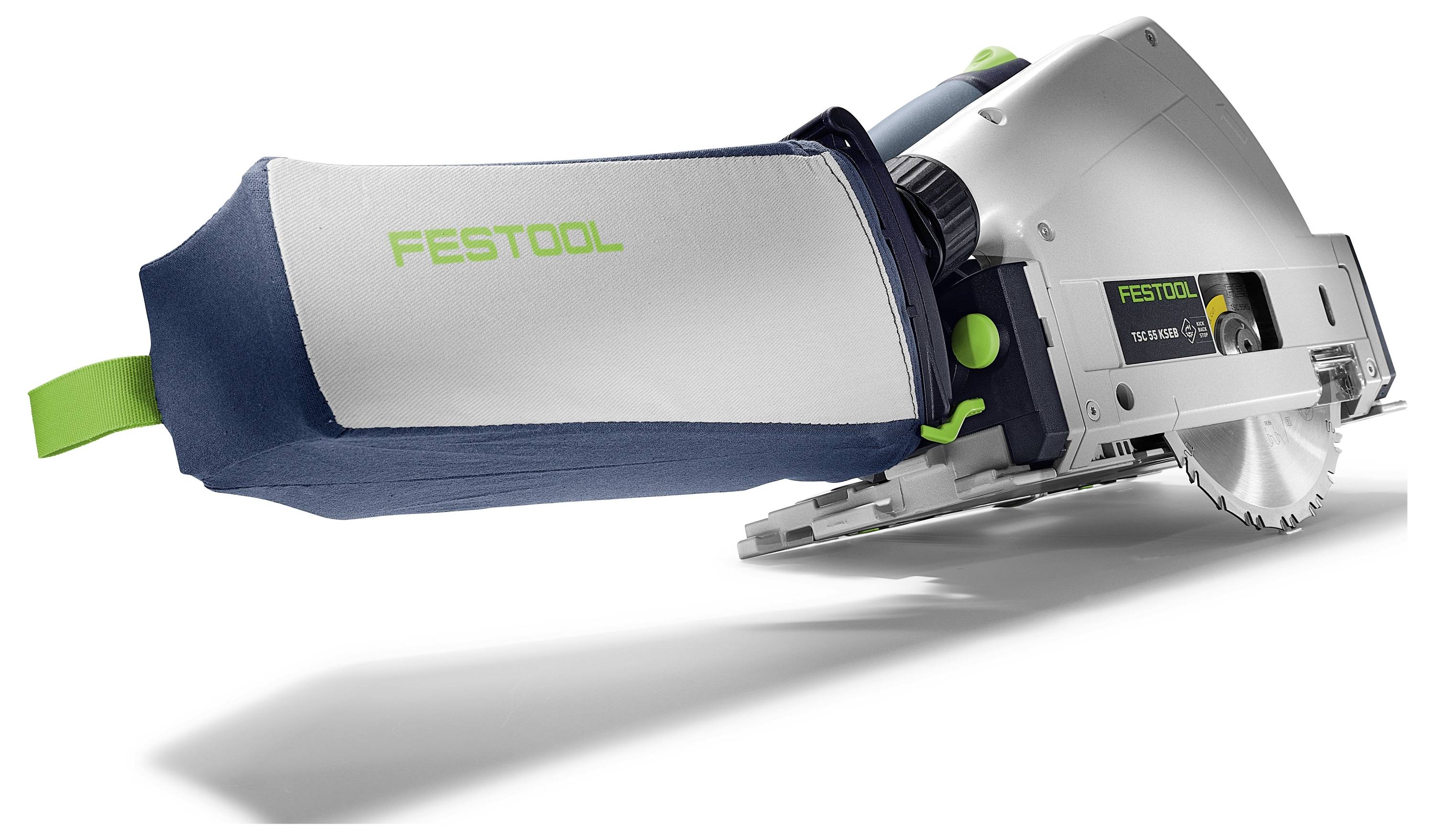 Eine Festool-Tauchsäge mit angebrachtem Staubsack, konzipiert für präzise Holzbearbeitungsschnitte und mit kompaktem sowie ergonomischem Design.