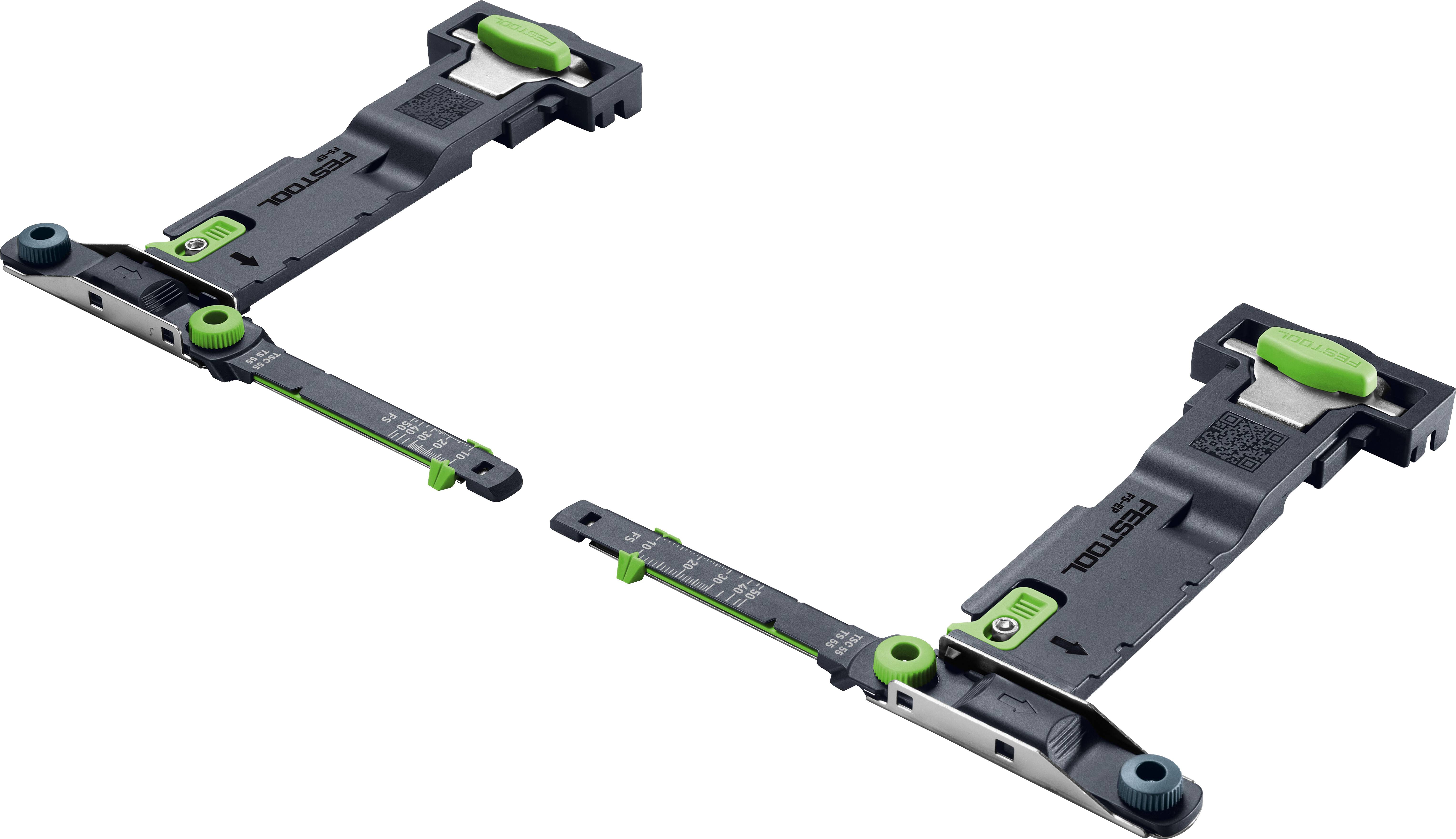'Festool 577157 Winkelanschlag' mit zwei Befestigungskomponenten mit grünen Verstellknöpfen, entwickelt zur genauen Winkelmessung.