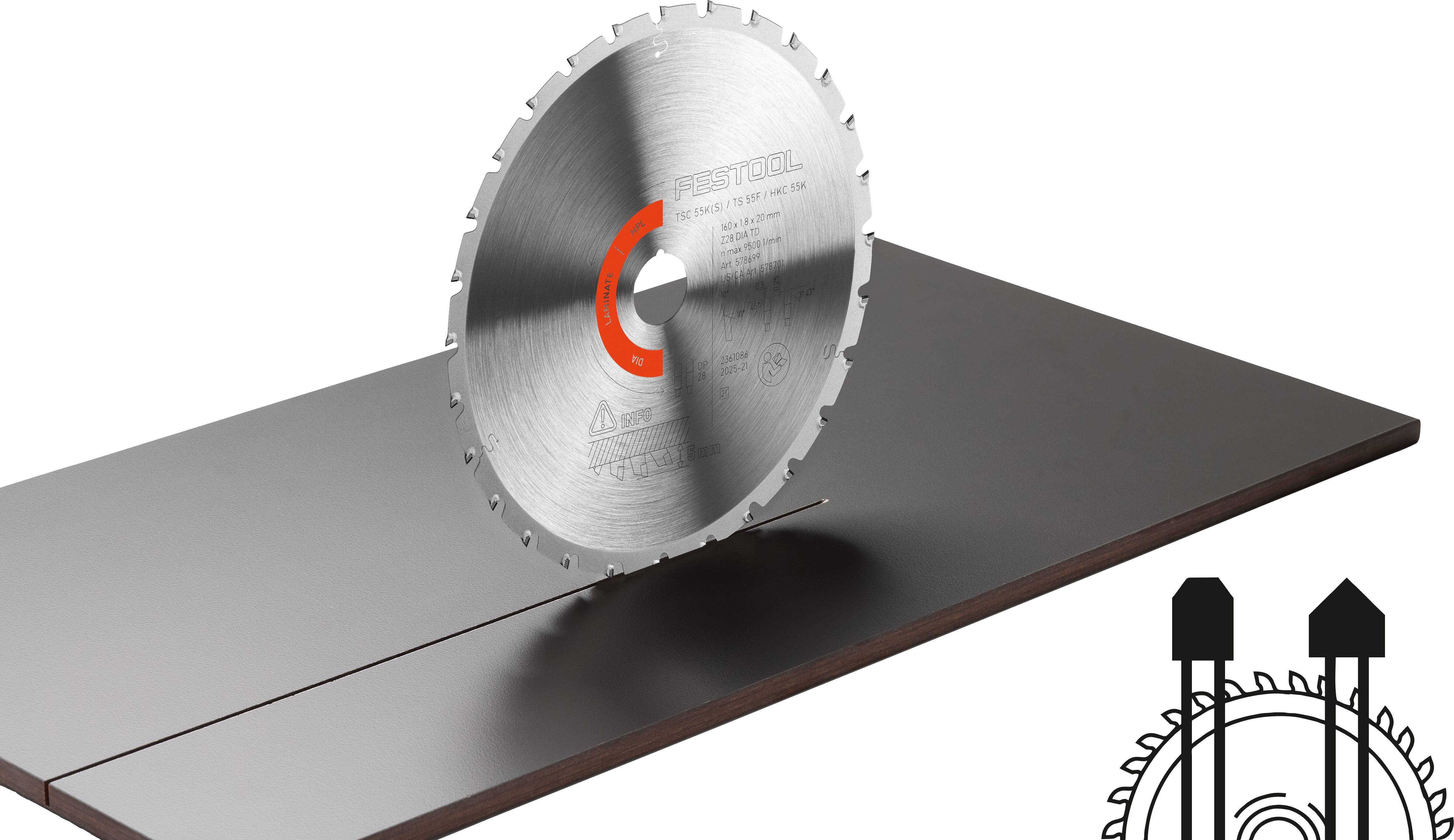 Eine Kreissägeblatt ist teilweise in ein Stück dunklen Materials eingef ügt und demonstriert seine Schneidefähigkeit. Ein Symbol zeigt das Zahndesign der Säge.