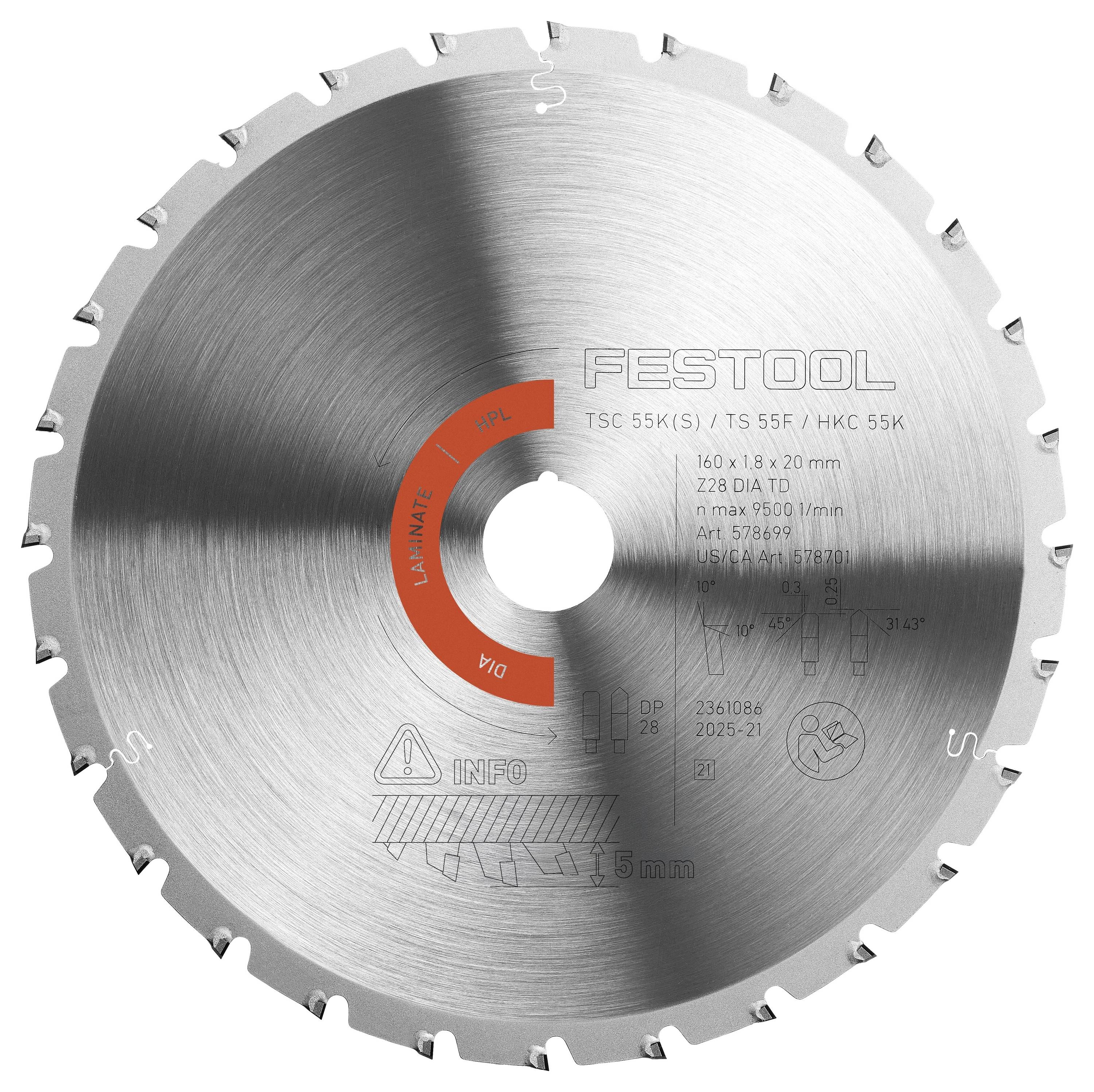 Ein Kreissägeblatt mit Markenlogo und technischen Spezifikationen eingraviert; enthält ein Warnsymbol und eine visuelle Darstellung der Schnitttiefenbegrenzung.