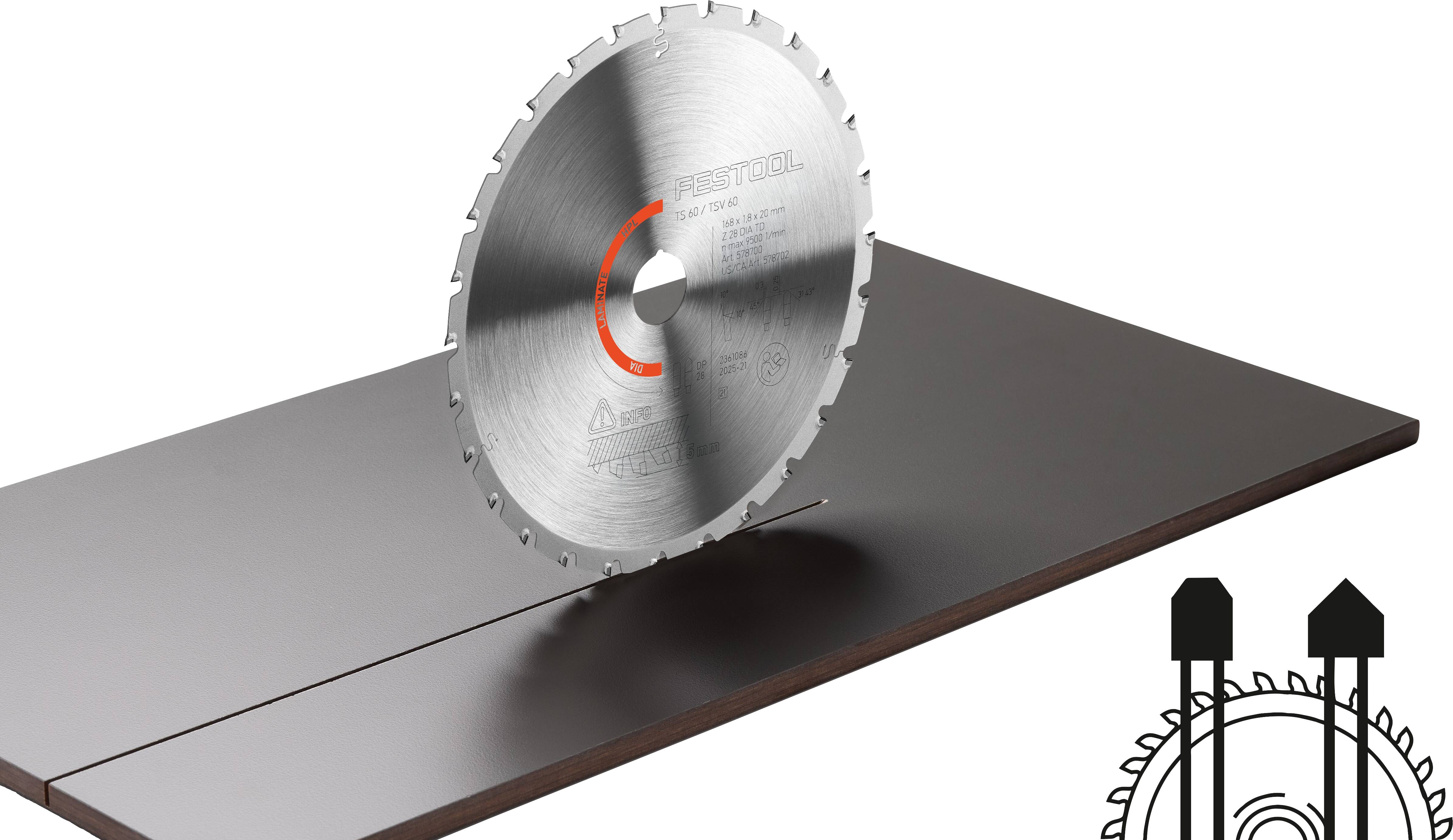 Eine Kreissägeblatt schneidet in ein Materialblatt ein und zeigt präzise Schnitte und scharfe Zähne. Eine Illustration des Blattmechanismus in der Ecke.