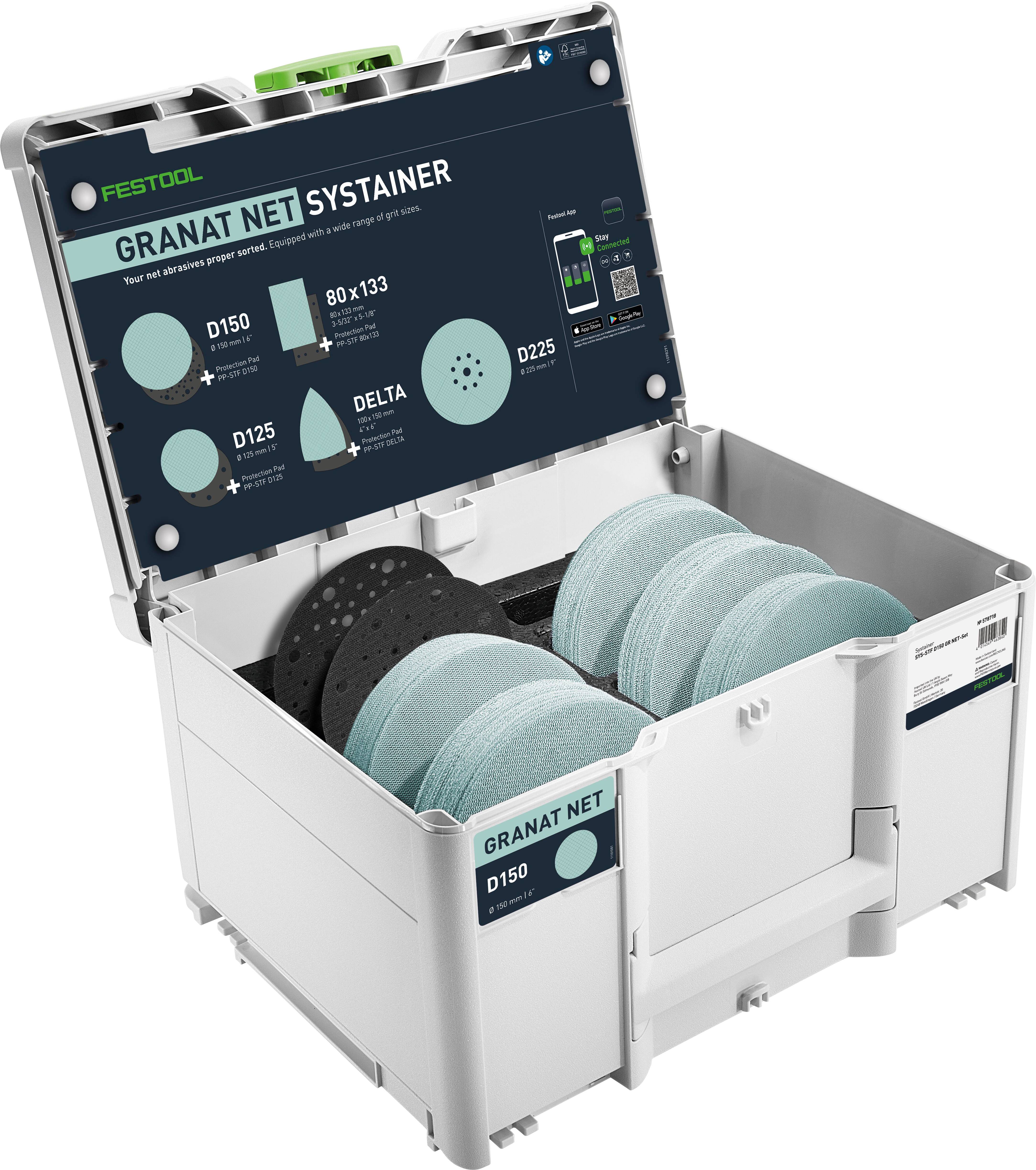 'Festool Granat Net Systainer' mit verschiedenen Schleiftellern für unterschiedliche Werkzeuge, gezeigt in einem offenen Lagerbehälter.