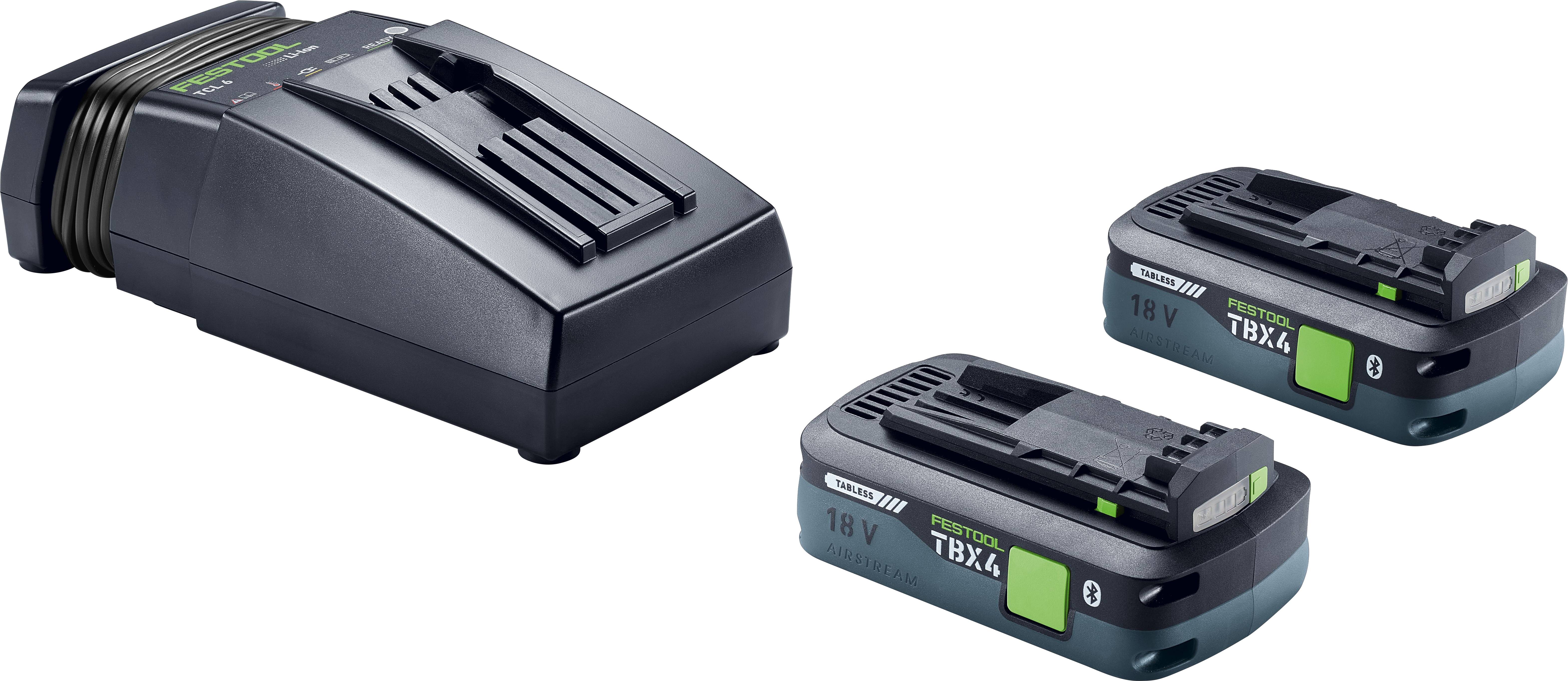 Batterieladegerät mit zwei 18V-Akkus, beschriftet mit „TBX 6