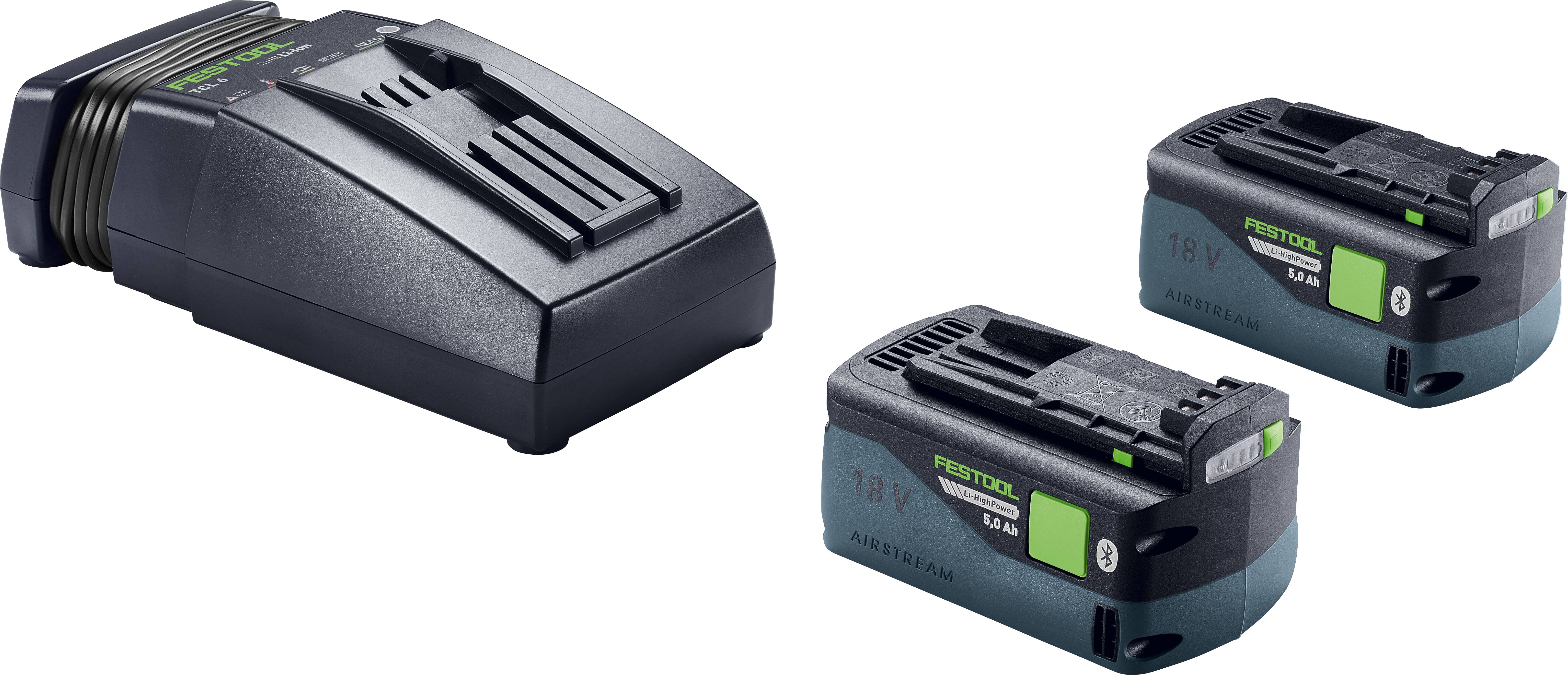 Batterieladegerät mit zwei wiederaufladbaren Batterien für Elektrowerkzeuge.